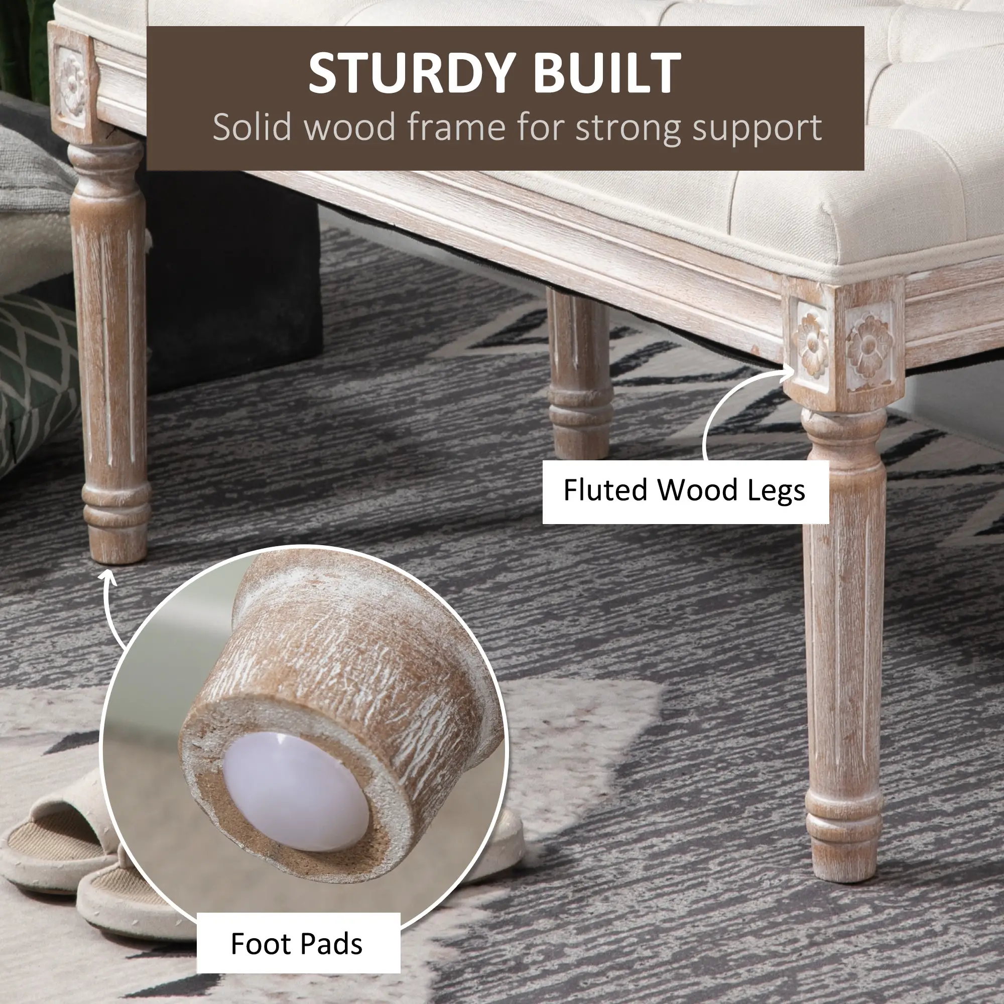 Linen Ottoman Bench 43 x 80 x 40cm, Cream White - Cream White - 5