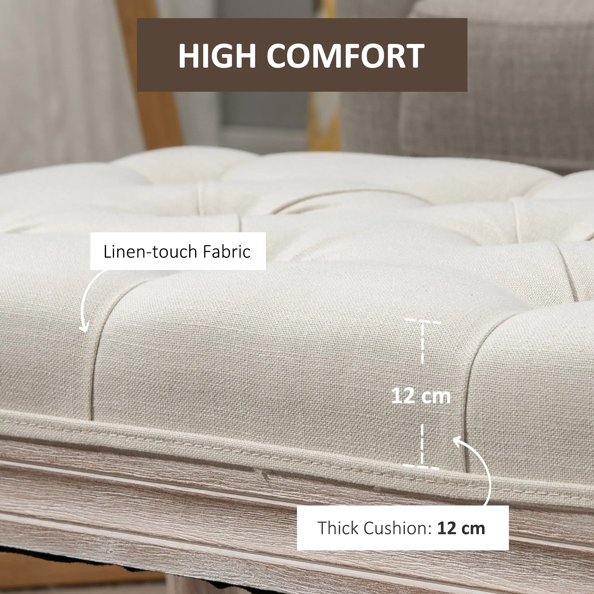 Linen Ottoman Bench 43 x 80 x 40cm, Cream White - Cream White - 6