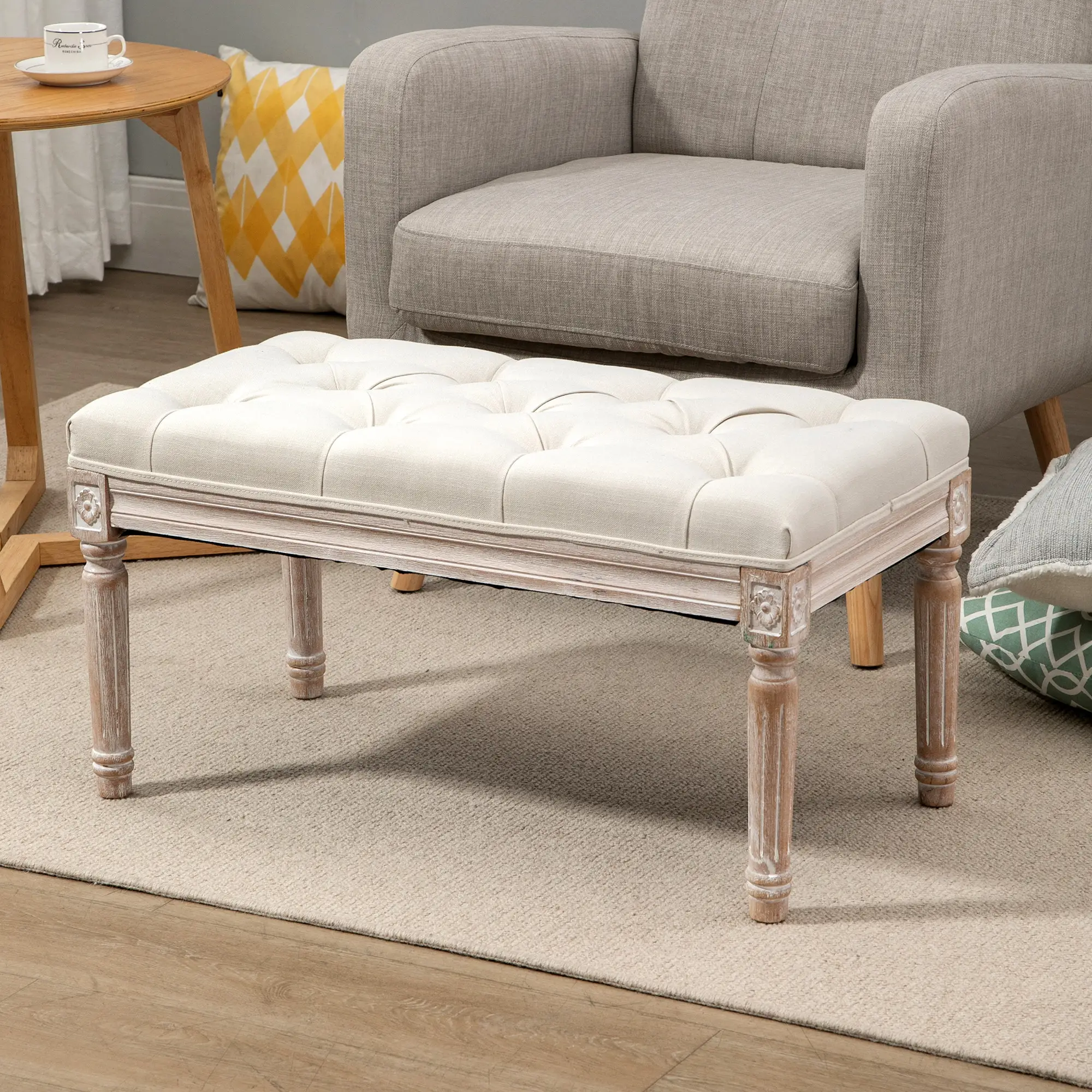 Linen Ottoman Bench 43 x 80 x 40cm, Cream White - Cream White - 7