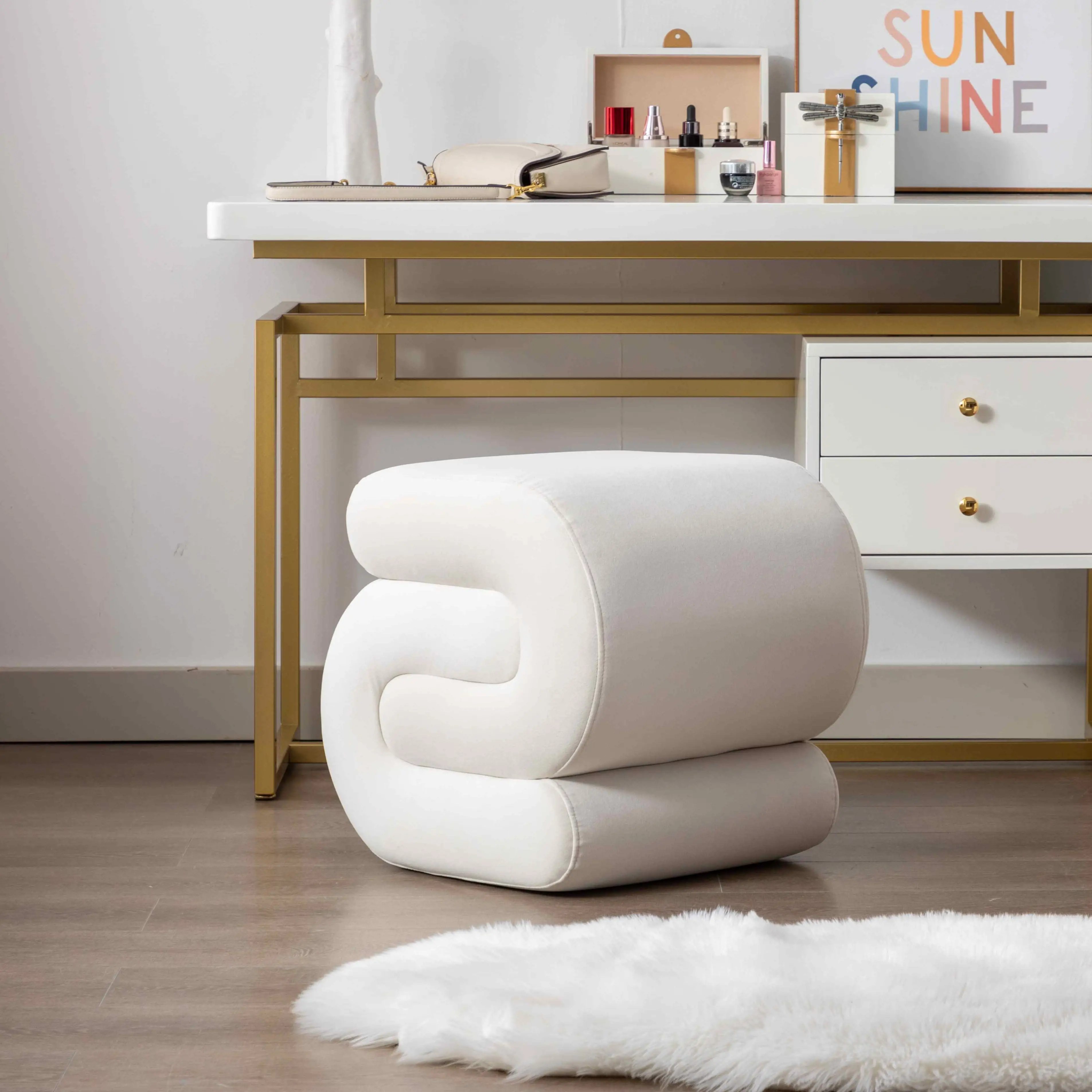 S-Shaped Velvet Footstool 50 x 46 x 46cm, Ivory White - Ivory White - 4