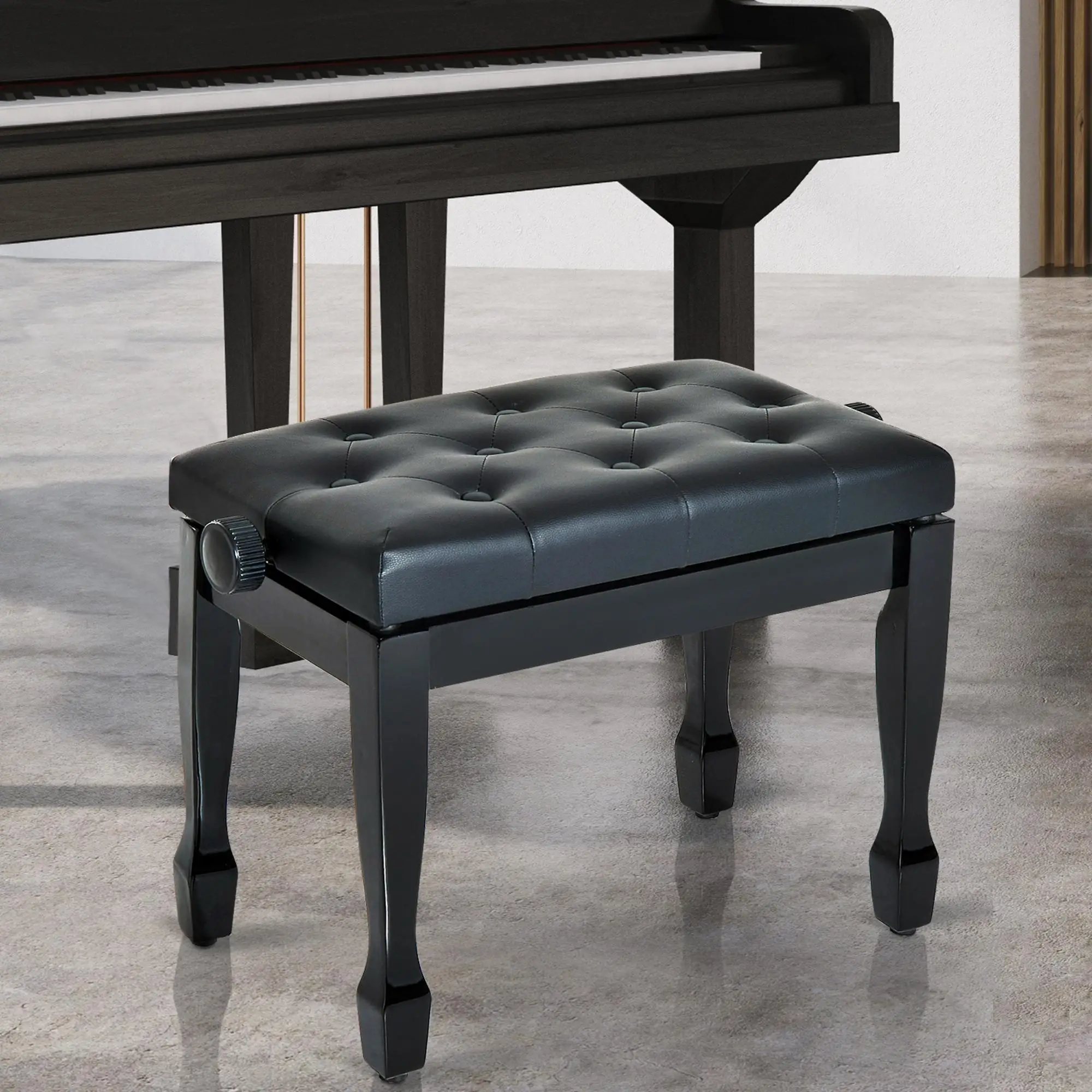Faux Leather Piano Stool 64 x 35 x 45cm, Black - Black - 2