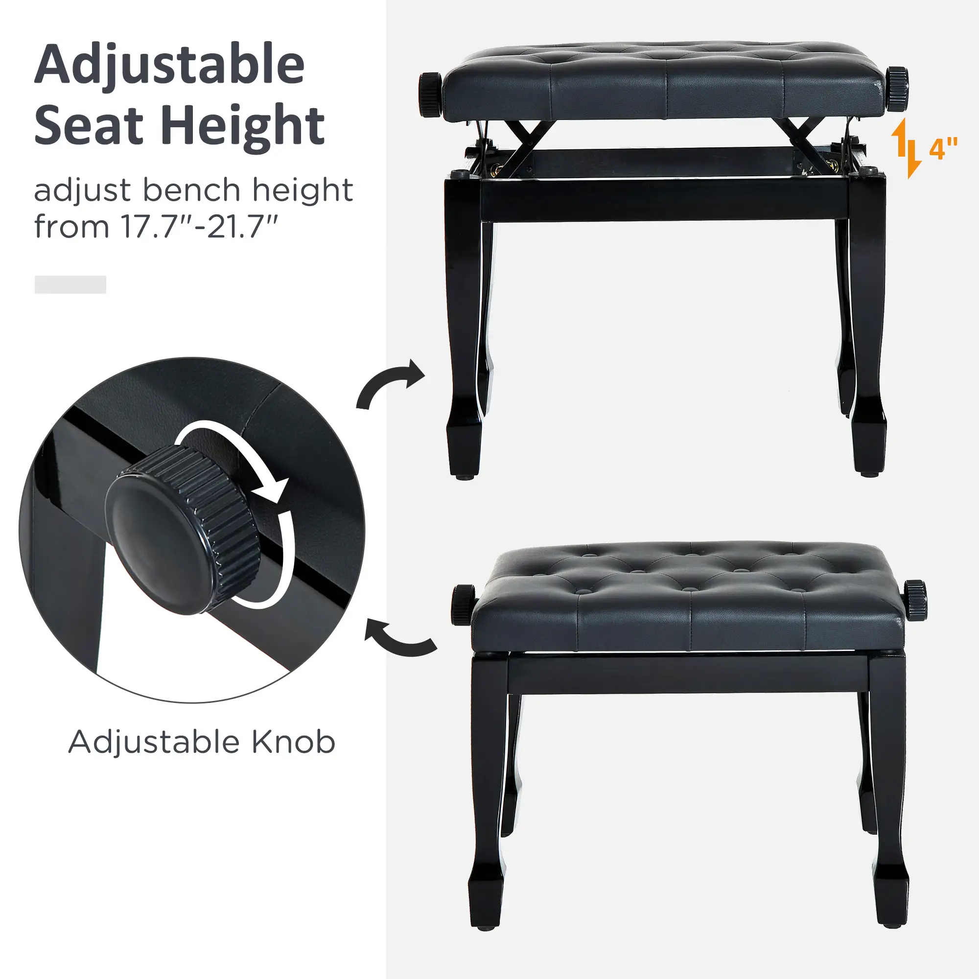 Faux Leather Piano Stool 64 x 35 x 45cm, Black - Black - 4