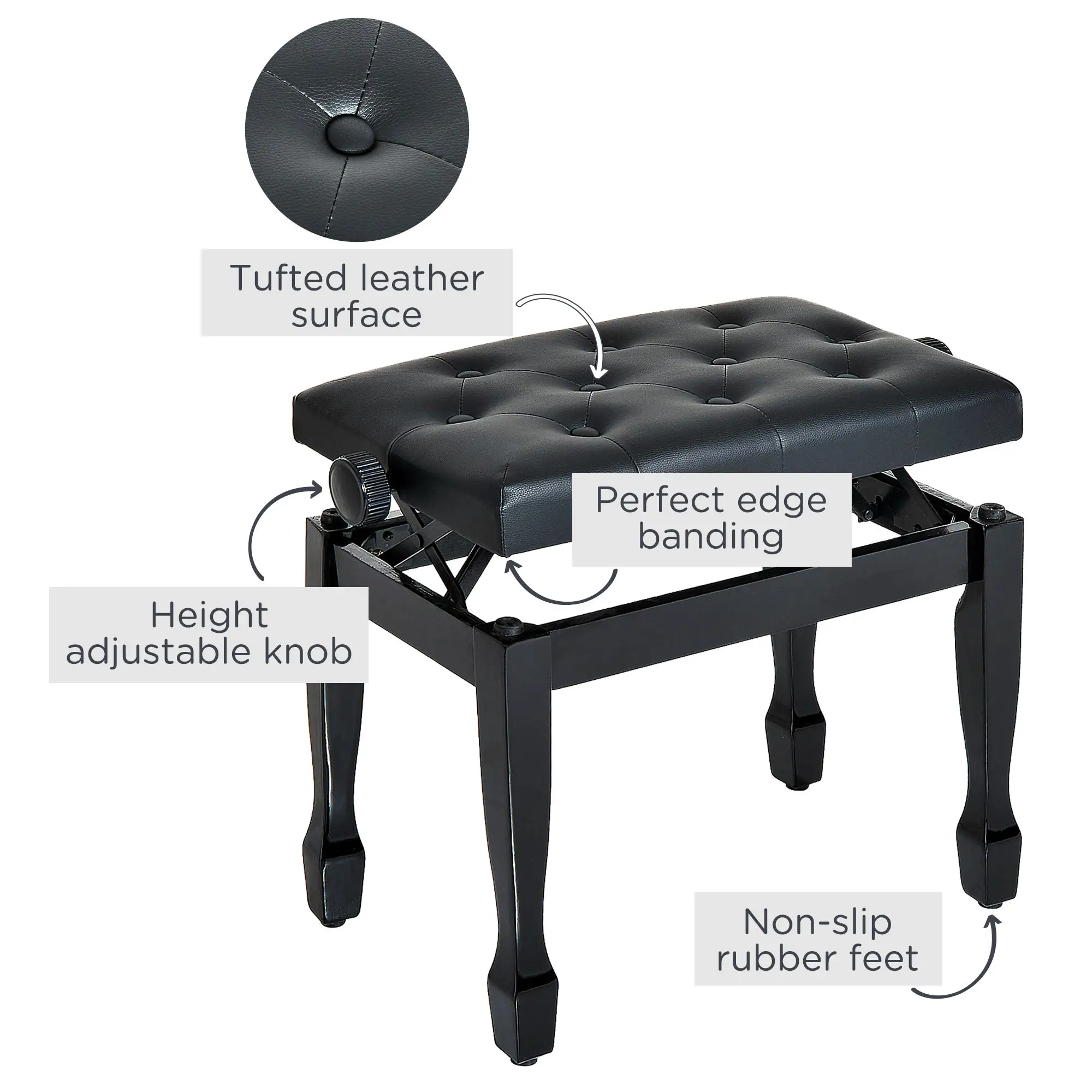 Faux Leather Piano Stool 64 x 35 x 45cm, Black - Black - 5