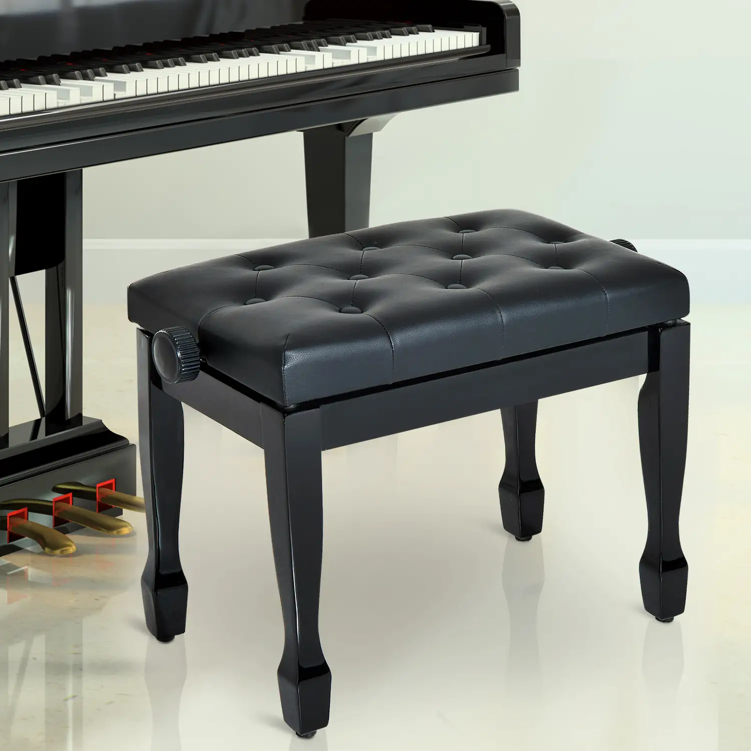 Faux Leather Piano Stool 64 x 35 x 45cm, Black - Black - 6