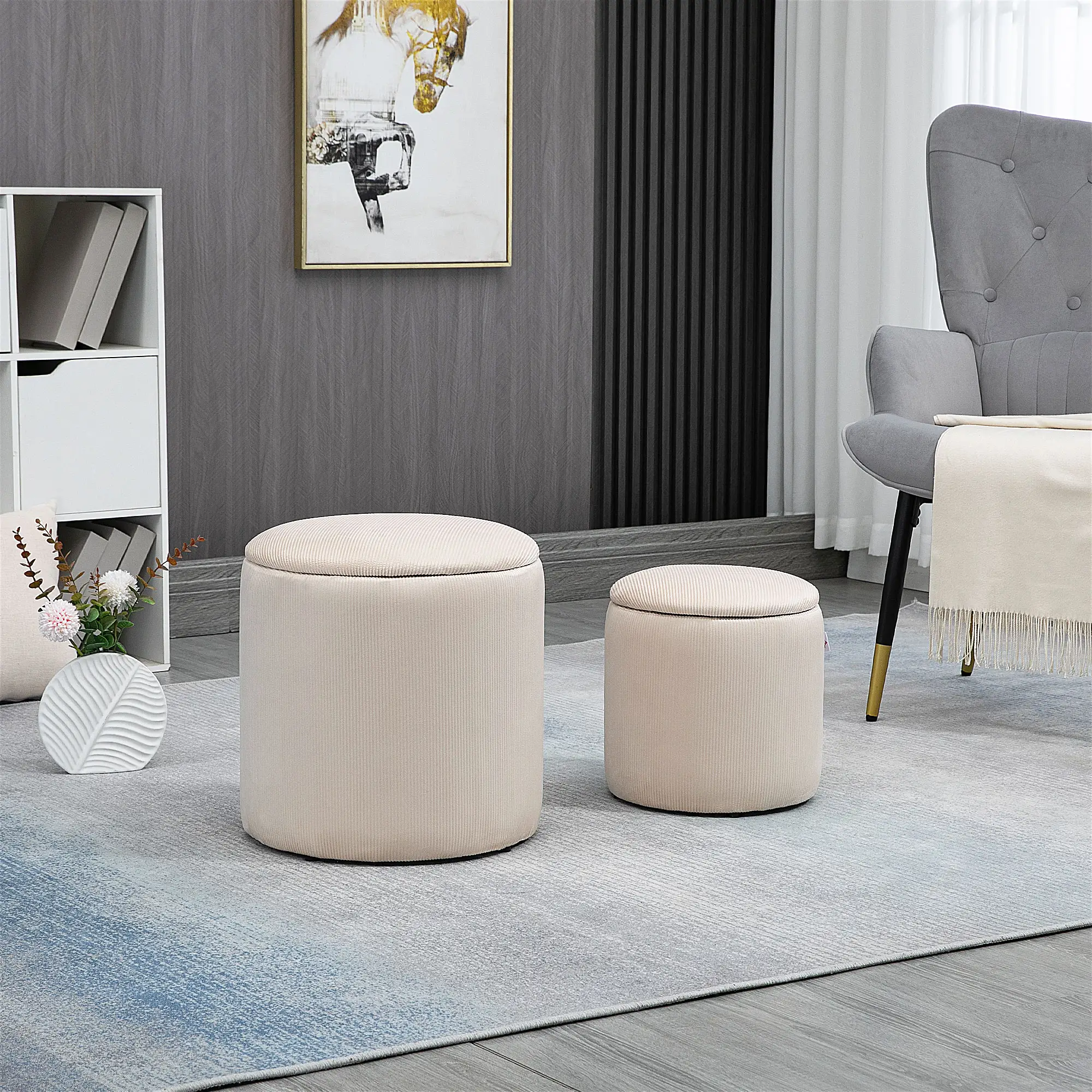 Round Set of 2 Corduroy Storage Ottoman 40 x 41 x 30cm - Cream White - 2