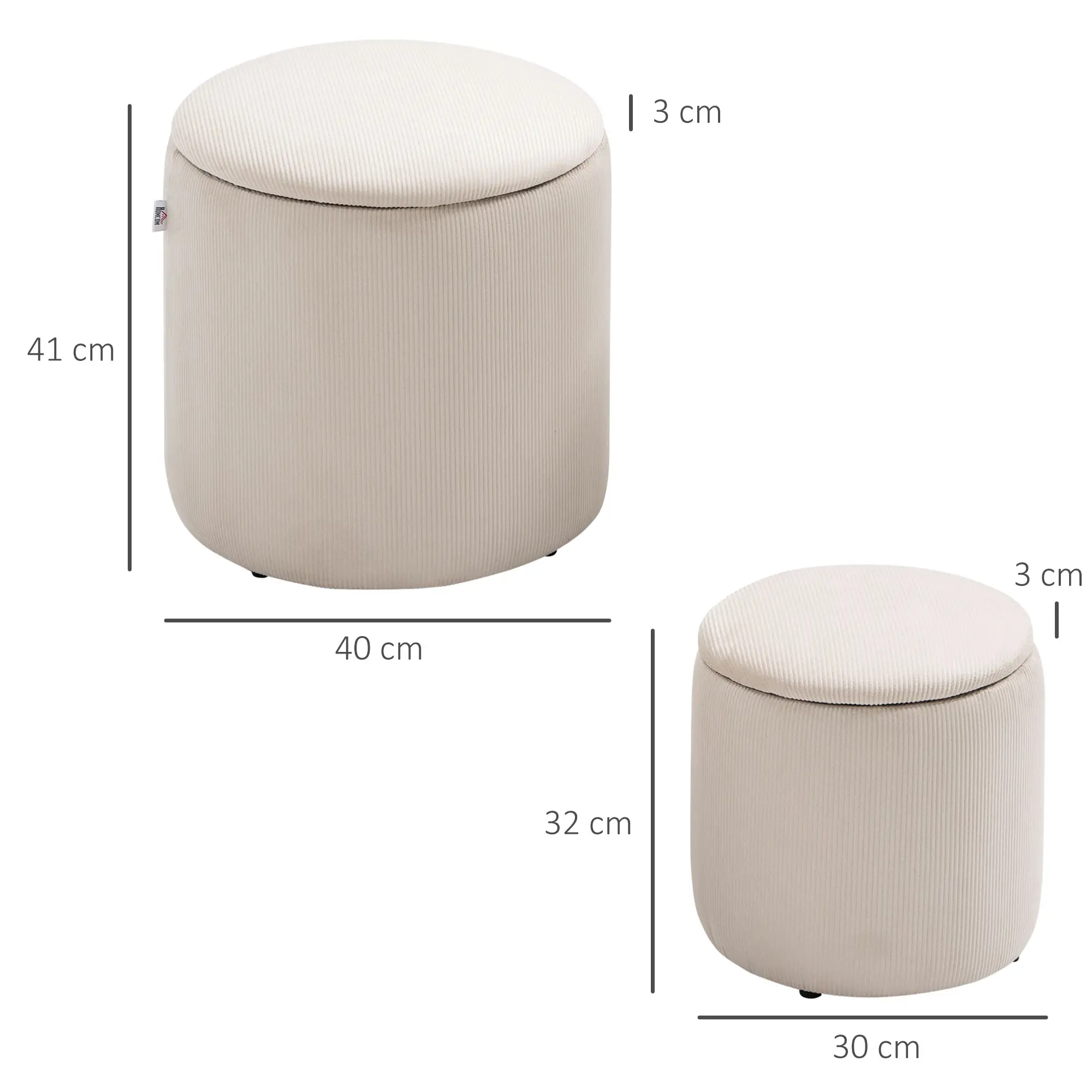 Round Set of 2 Corduroy Storage Ottoman 40 x 41 x 30cm - Cream White - 3