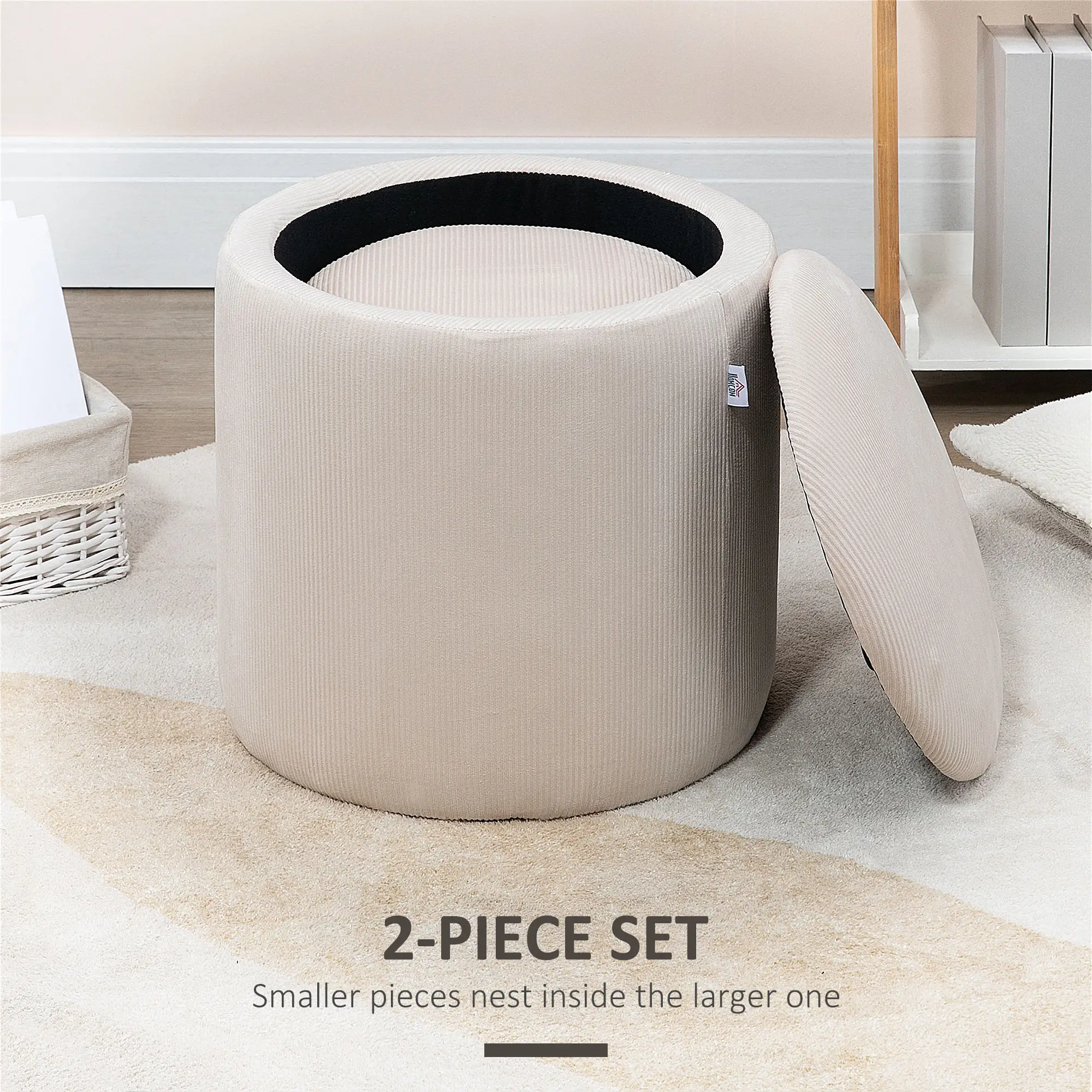 Round Set of 2 Corduroy Storage Ottoman 40 x 41 x 30cm - Cream White - 4
