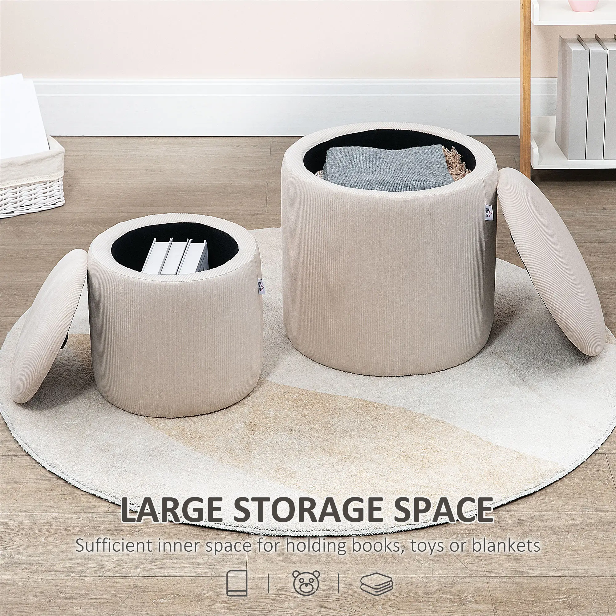 Round Set of 2 Corduroy Storage Ottoman 40 x 41 x 30cm - Cream White - 5