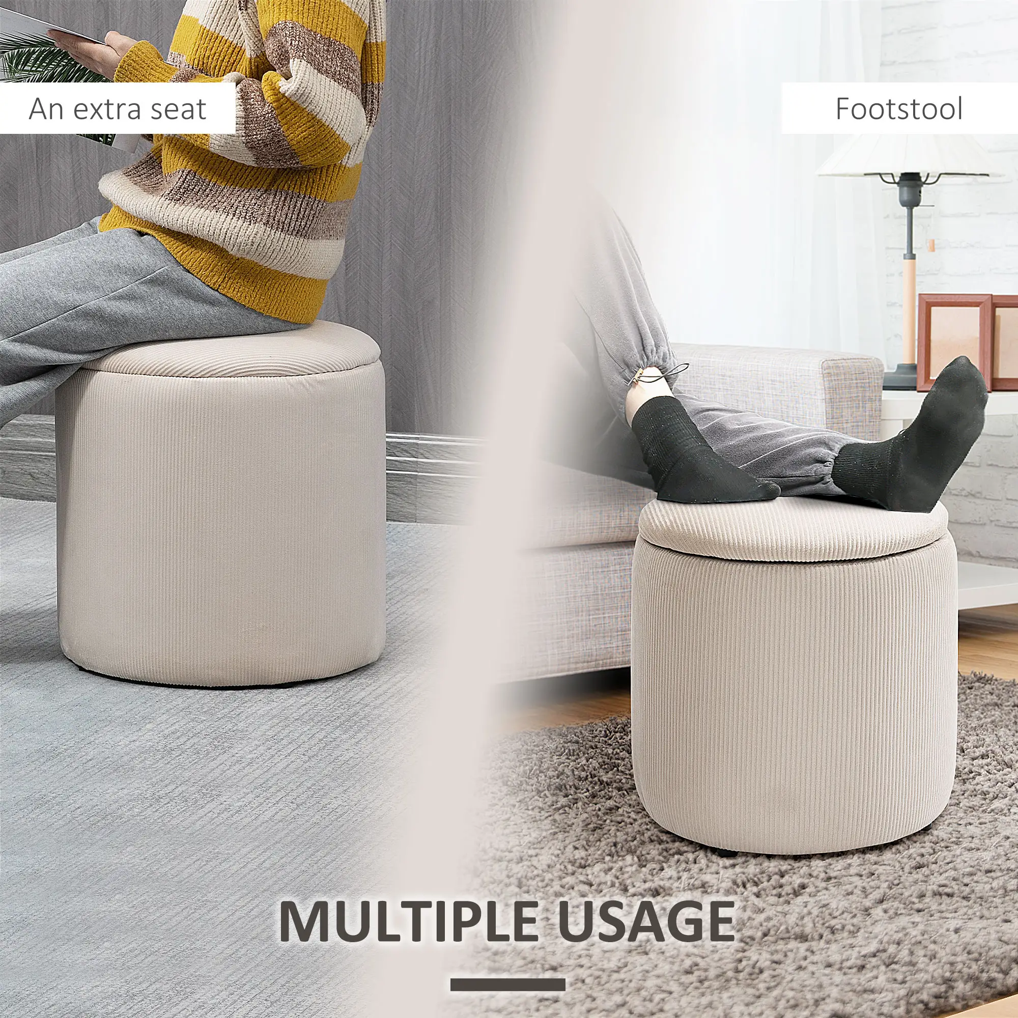 Round Set of 2 Corduroy Storage Ottoman 40 x 41 x 30cm - Cream White - 7