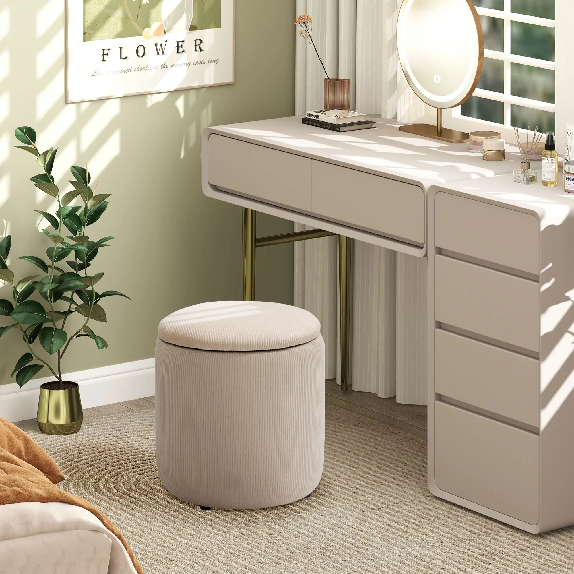 Round Set of 2 Corduroy Storage Ottoman 40 x 41 x 30cm - Cream White - 8
