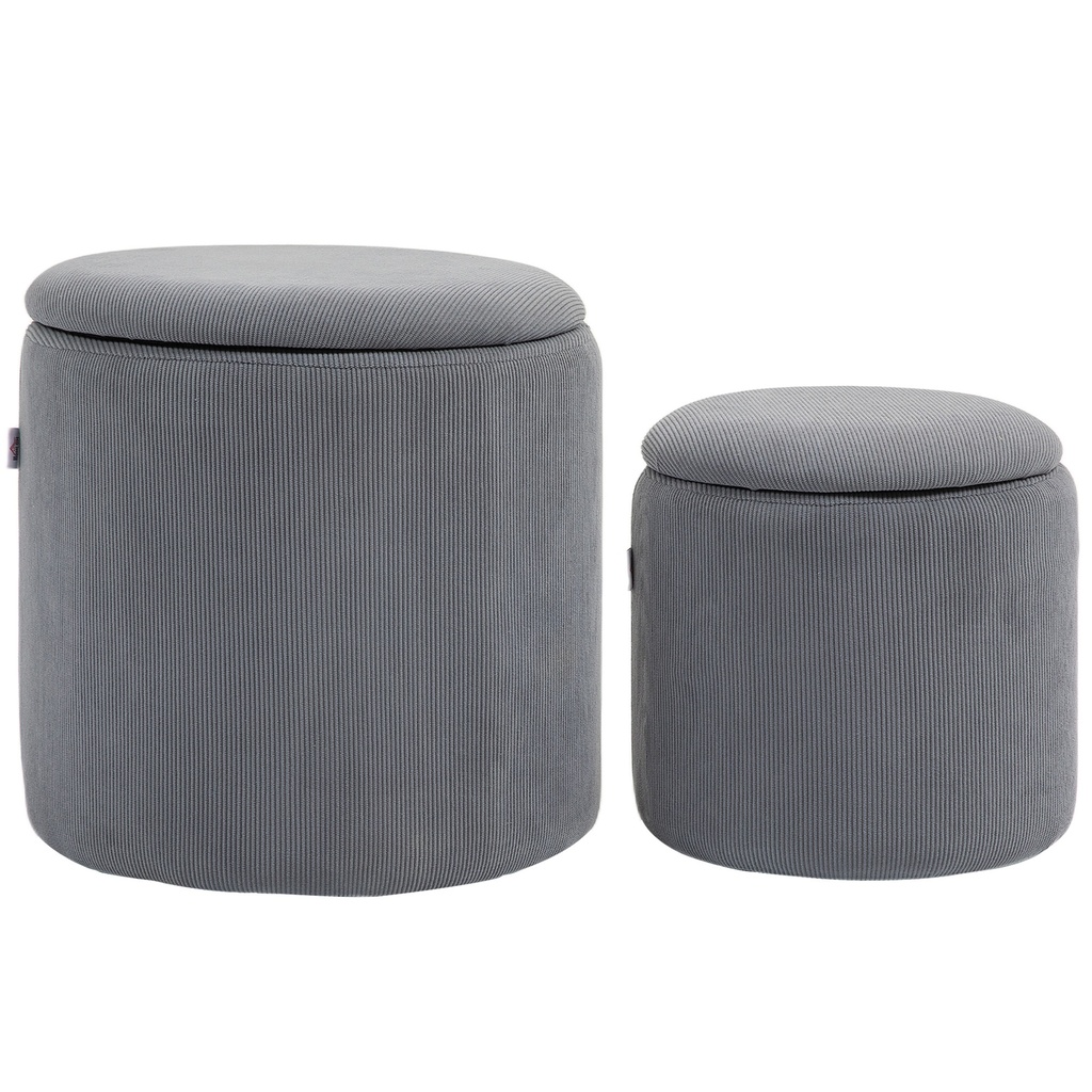 Round Set of 2 Corduroy Storage Ottoman 40 x 41 x 30cm - Light Grey - 1