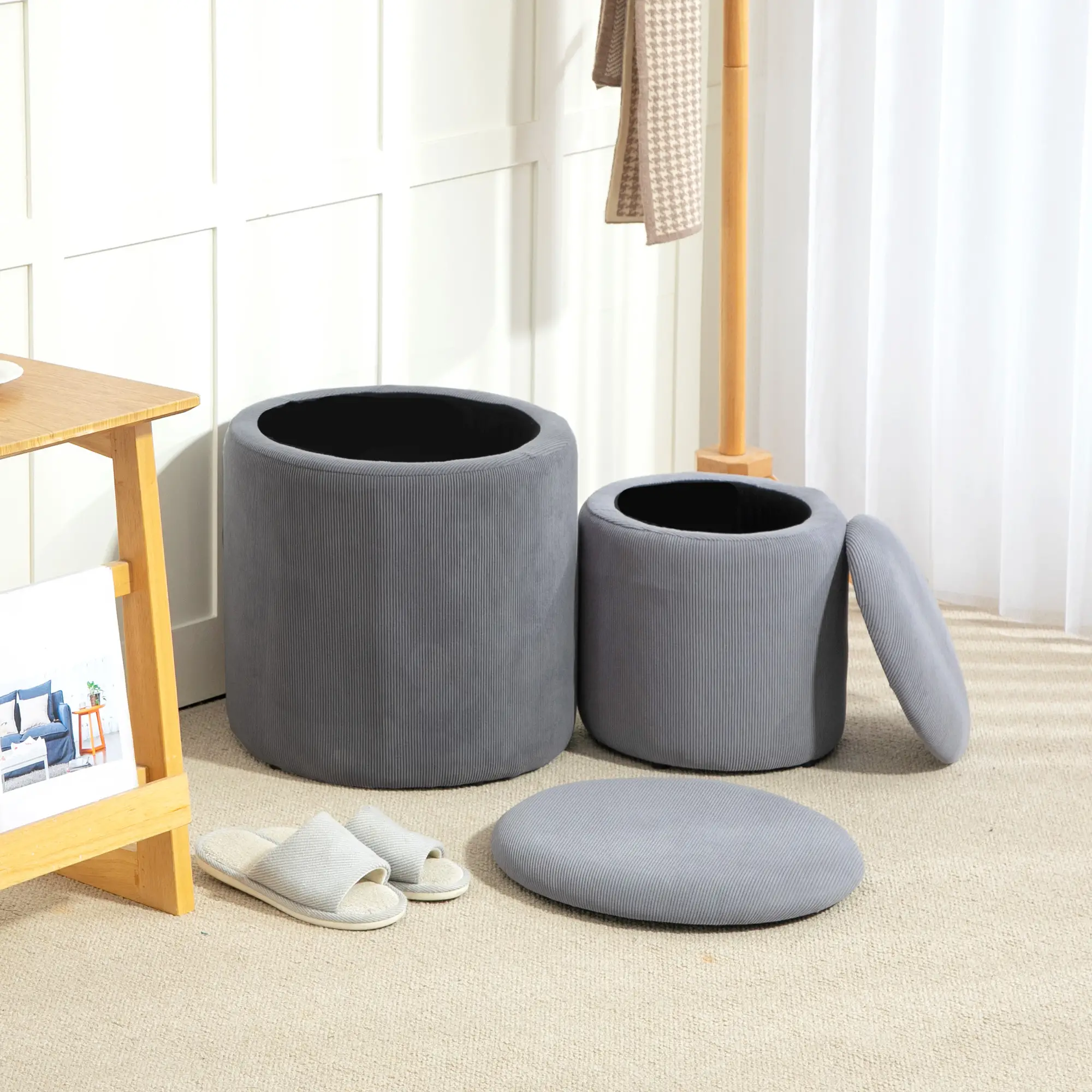 Round Set of 2 Corduroy Storage Ottoman 40 x 41 x 30cm - Light Grey - 2