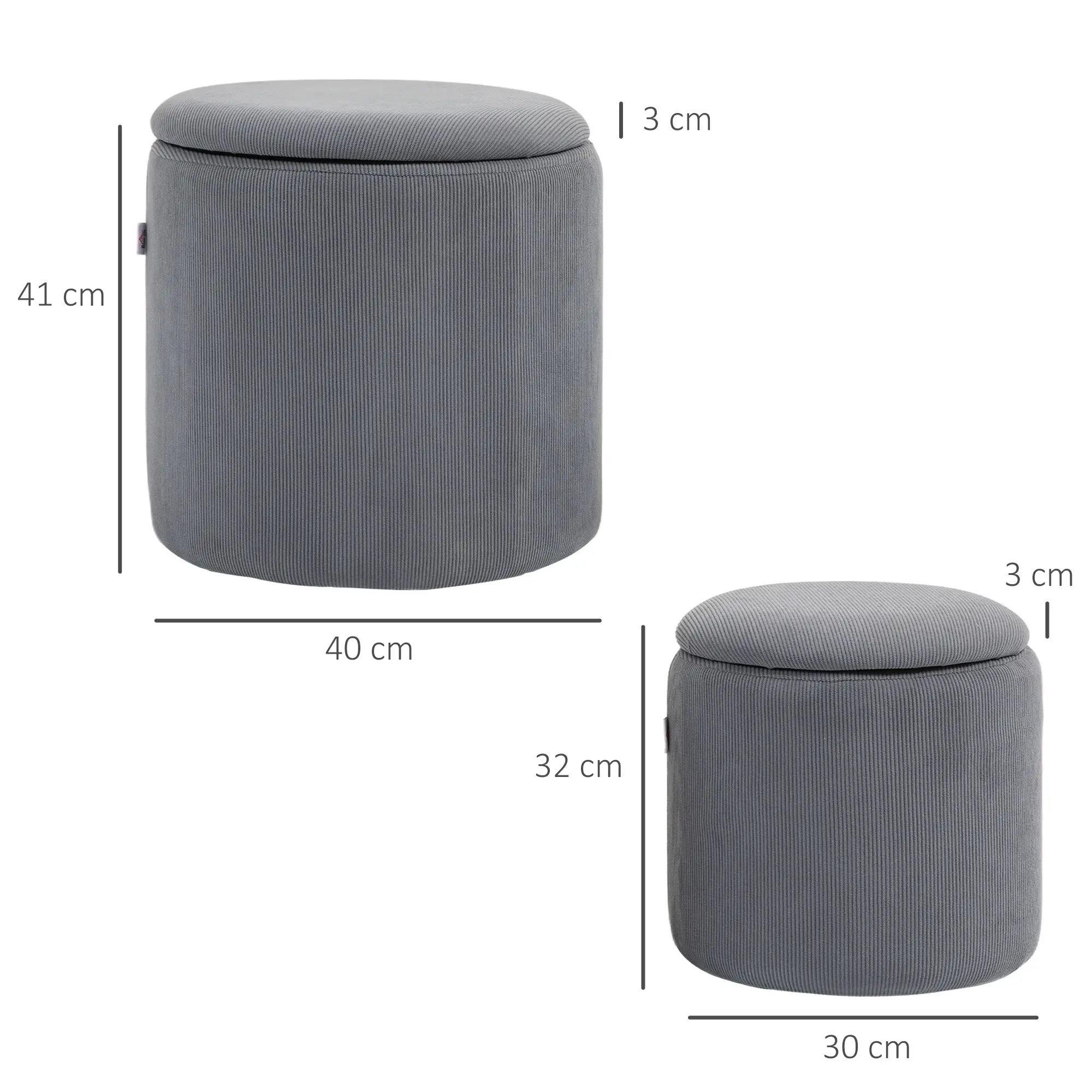 Round Set of 2 Corduroy Storage Ottoman 40 x 41 x 30cm - Light Grey - 3
