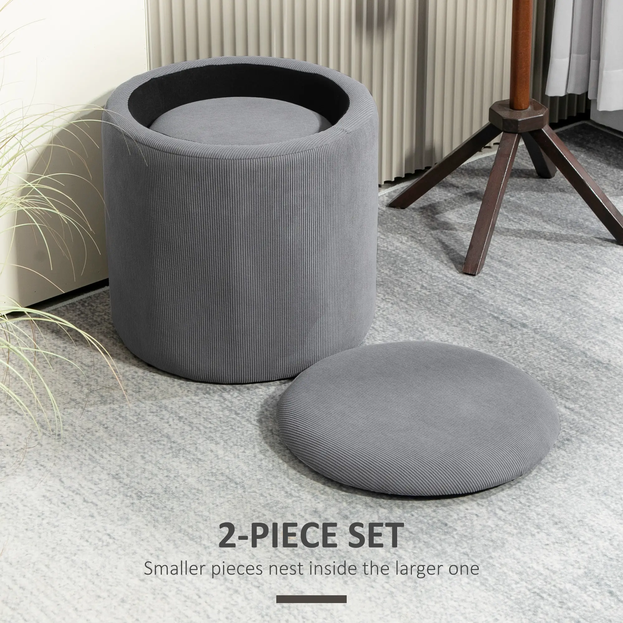 Round Set of 2 Corduroy Storage Ottoman 40 x 41 x 30cm - Light Grey - 4