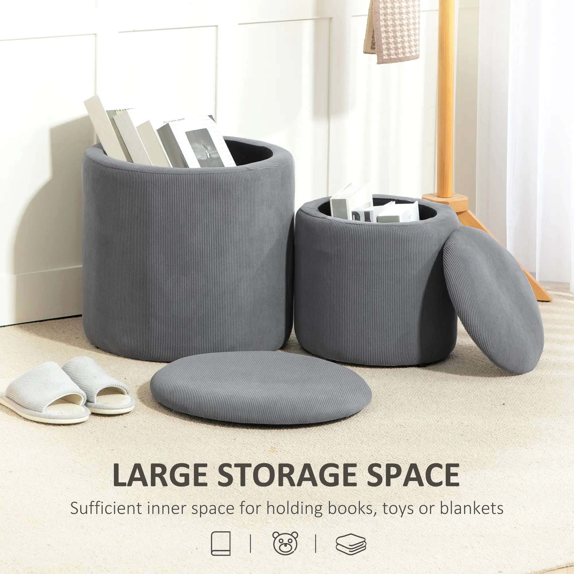Round Set of 2 Corduroy Storage Ottoman 40 x 41 x 30cm - Light Grey - 5