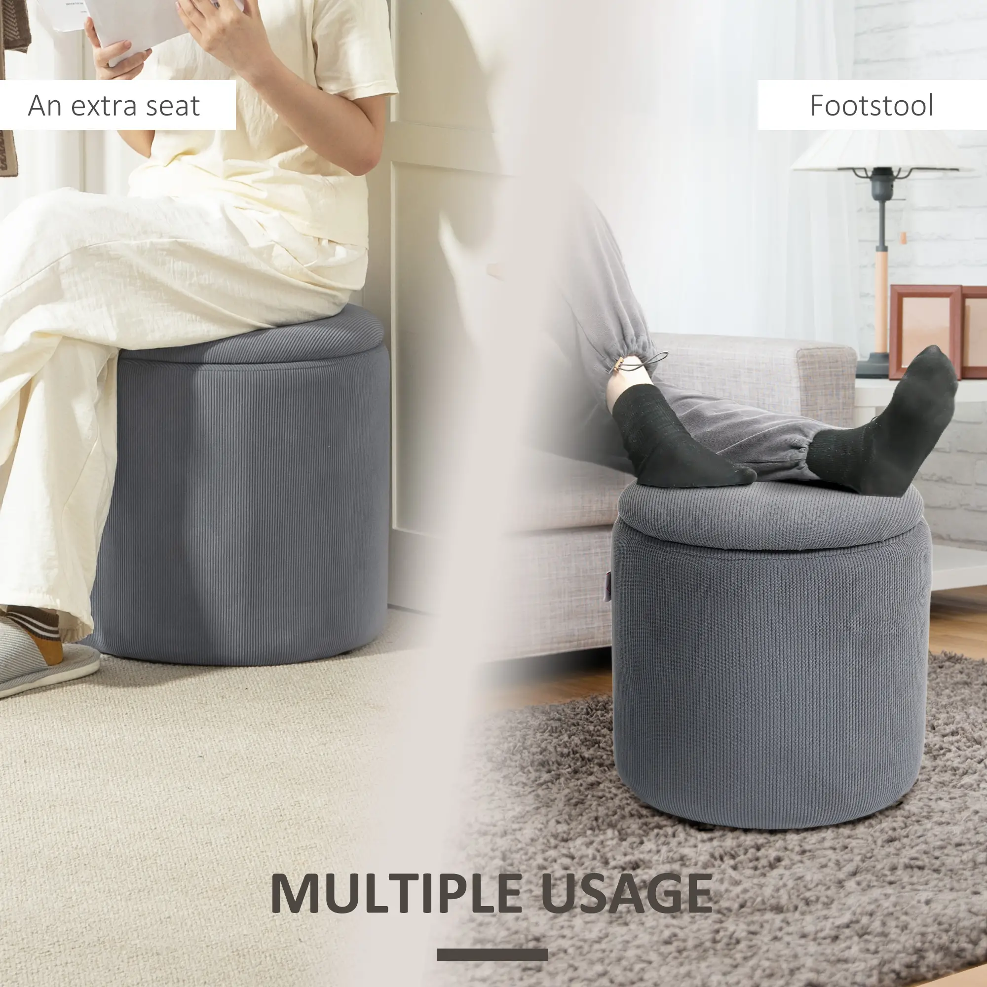 Round Set of 2 Corduroy Storage Ottoman 40 x 41 x 30cm - Light Grey - 7