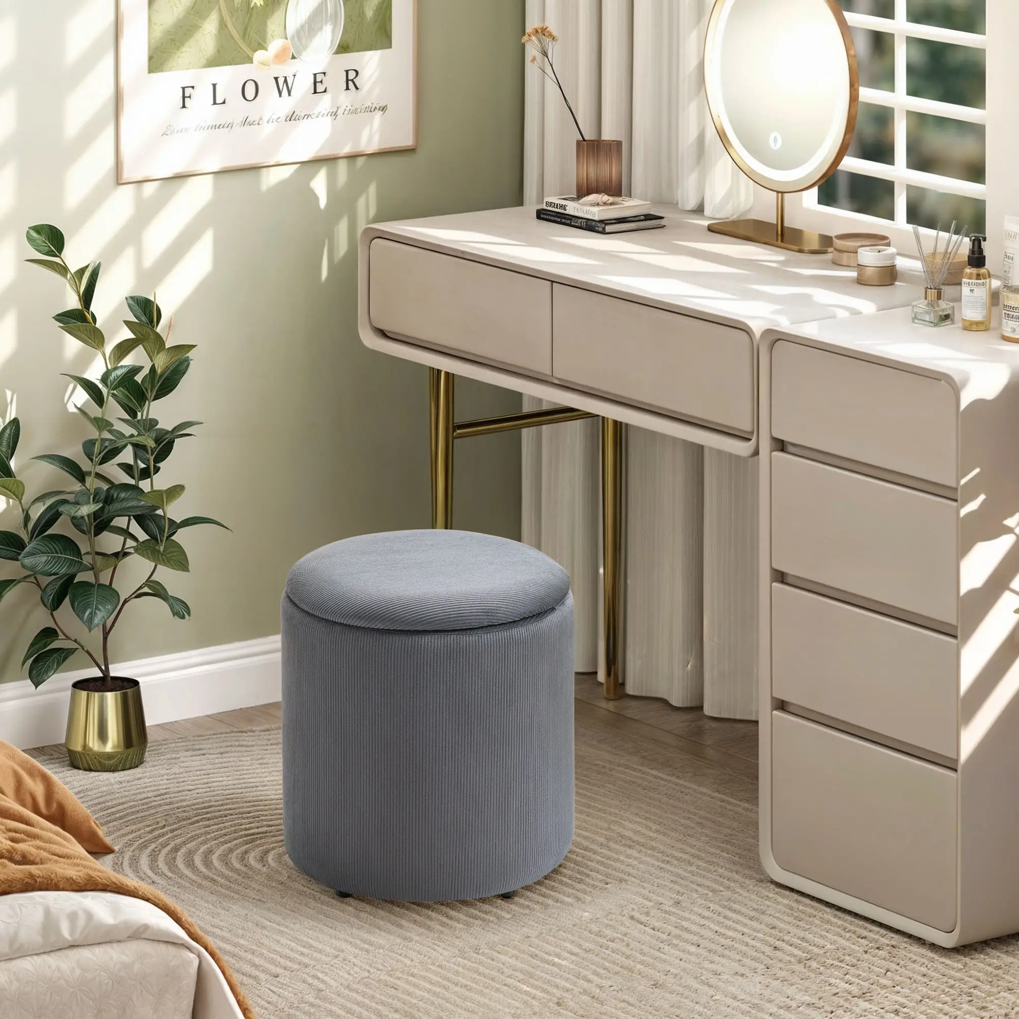 Round Set of 2 Corduroy Storage Ottoman 40 x 41 x 30cm - Light Grey - 8