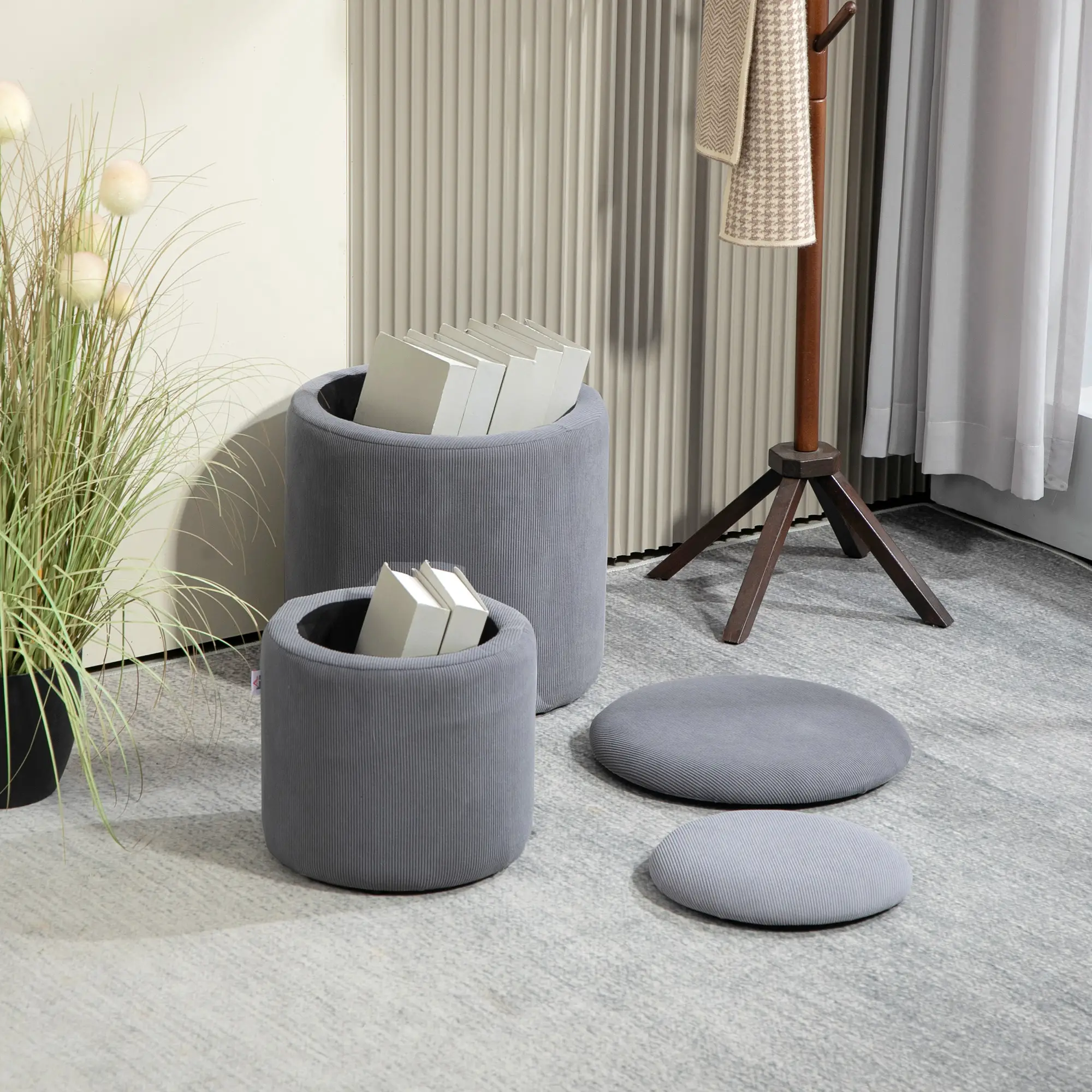 Round Set of 2 Corduroy Storage Ottoman 40 x 41 x 30cm - Light Grey - 10