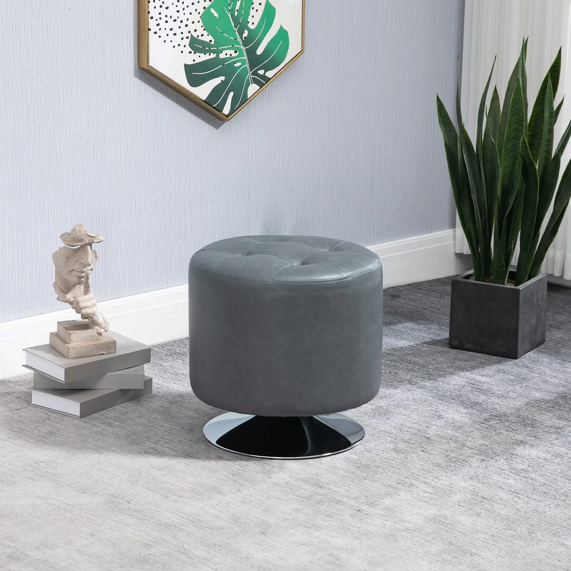 Round Faux Leather Footstool 45.5 x 44.5cm, Grey - Grey - 2