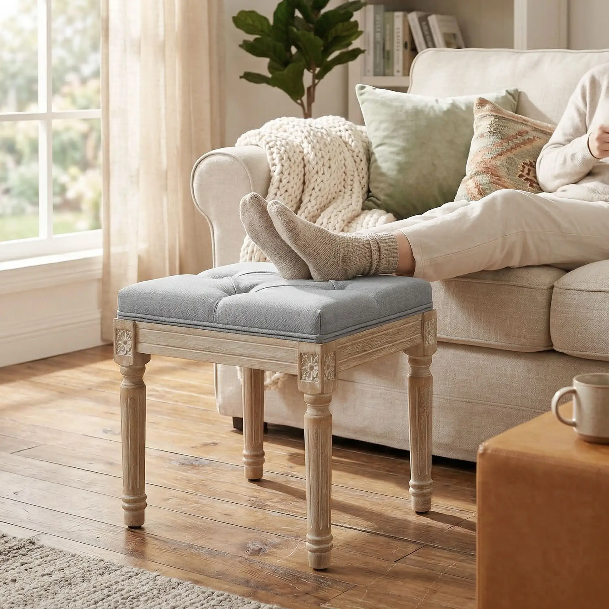 Square Linen Footstool 40 x 40 x 43cm, Light Grey, Cream White - Light Grey, Cream White - 2