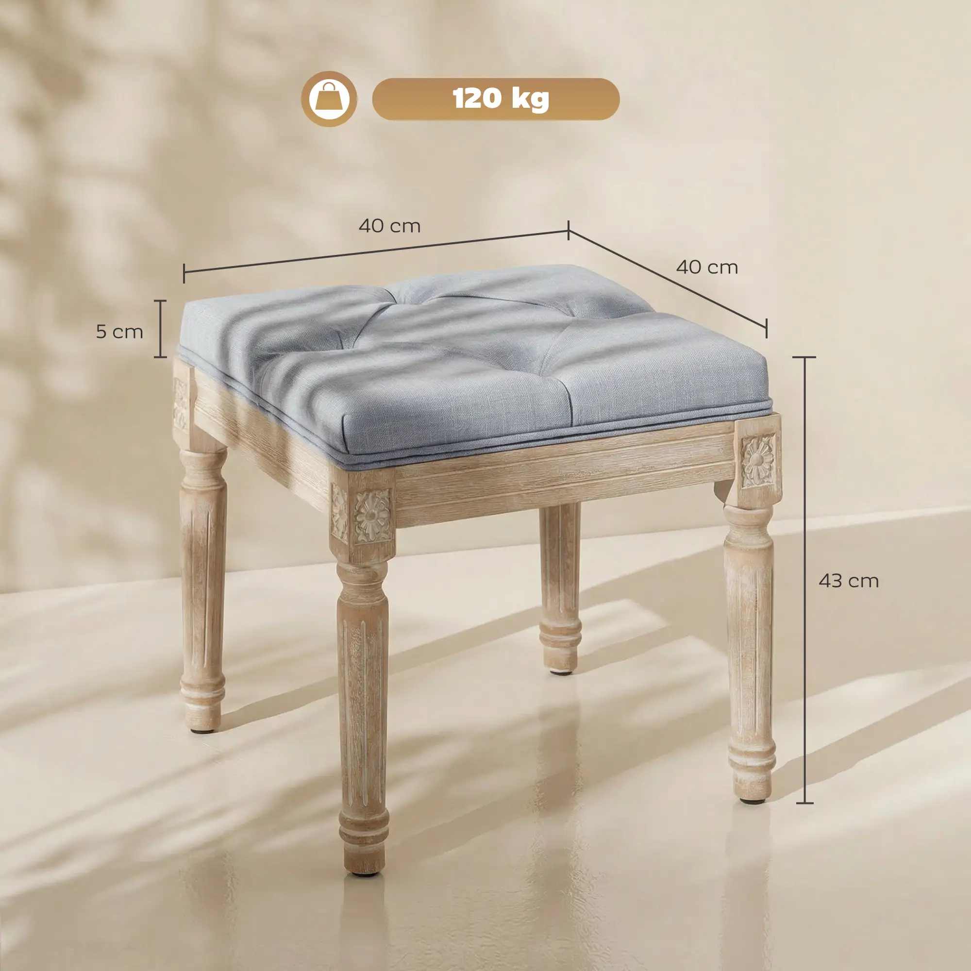 Square Linen Footstool 40 x 40 x 43cm, Light Grey, Cream White - Light Grey, Cream White - 3
