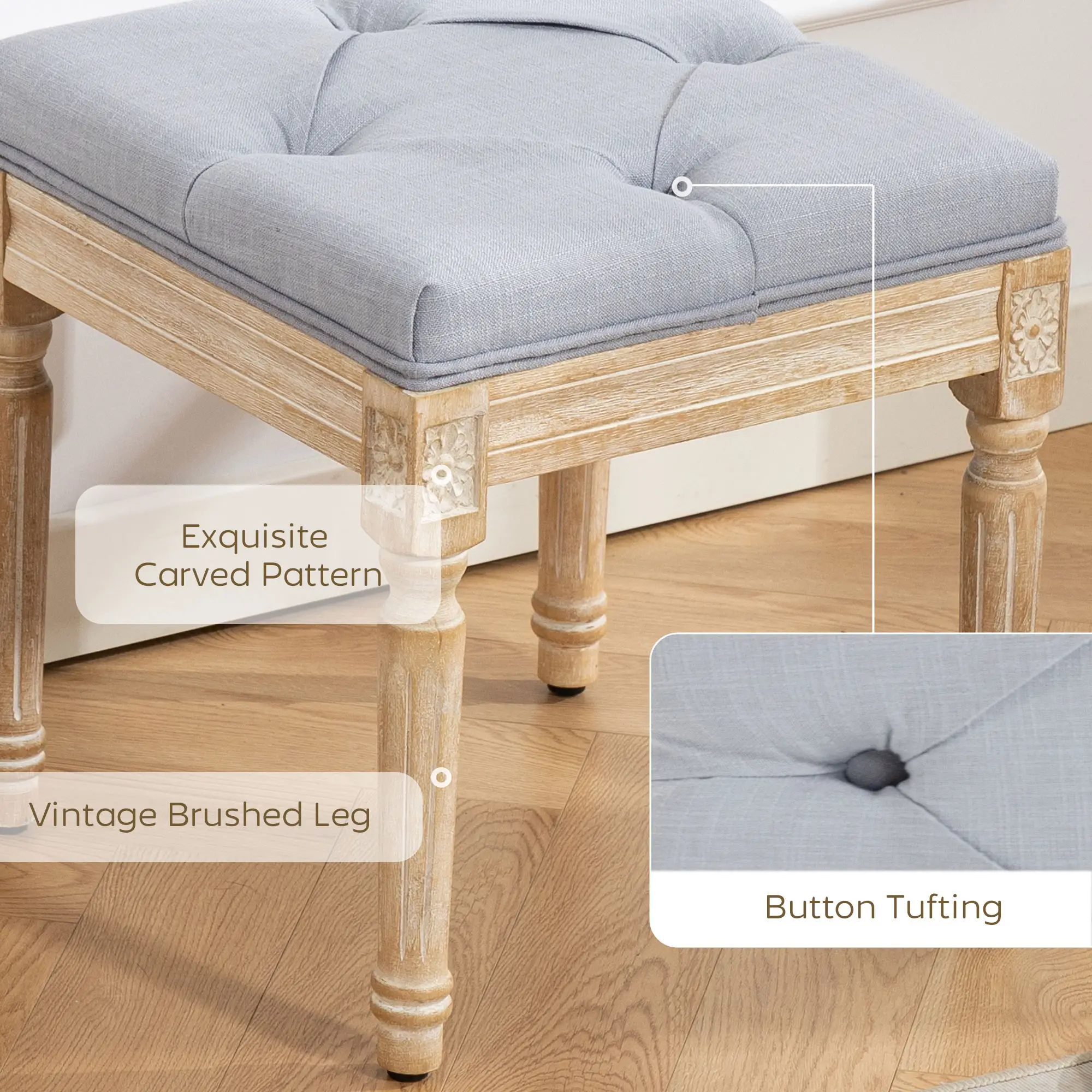 Square Linen Footstool 40 x 40 x 43cm, Light Grey, Cream White - Light Grey, Cream White - 4