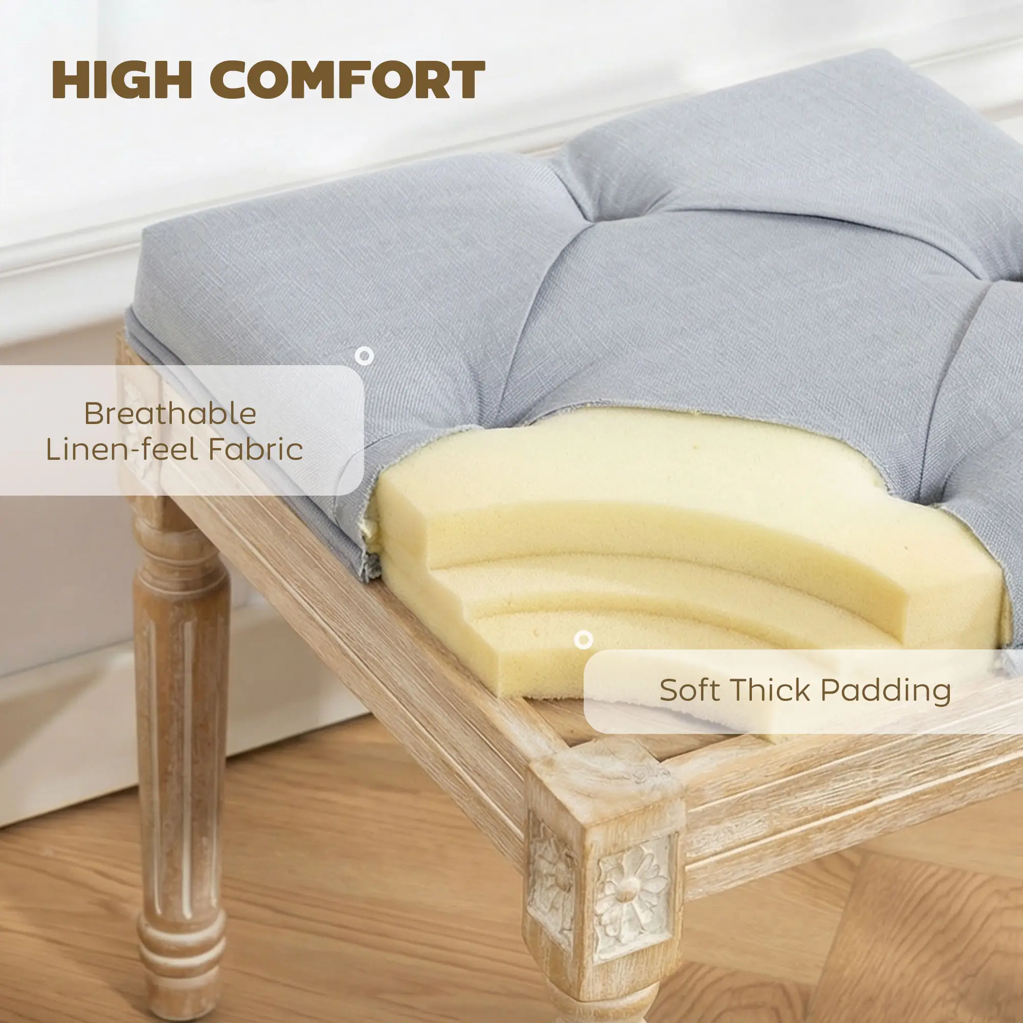 Square Linen Footstool 40 x 40 x 43cm, Light Grey, Cream White - Light Grey, Cream White - 5