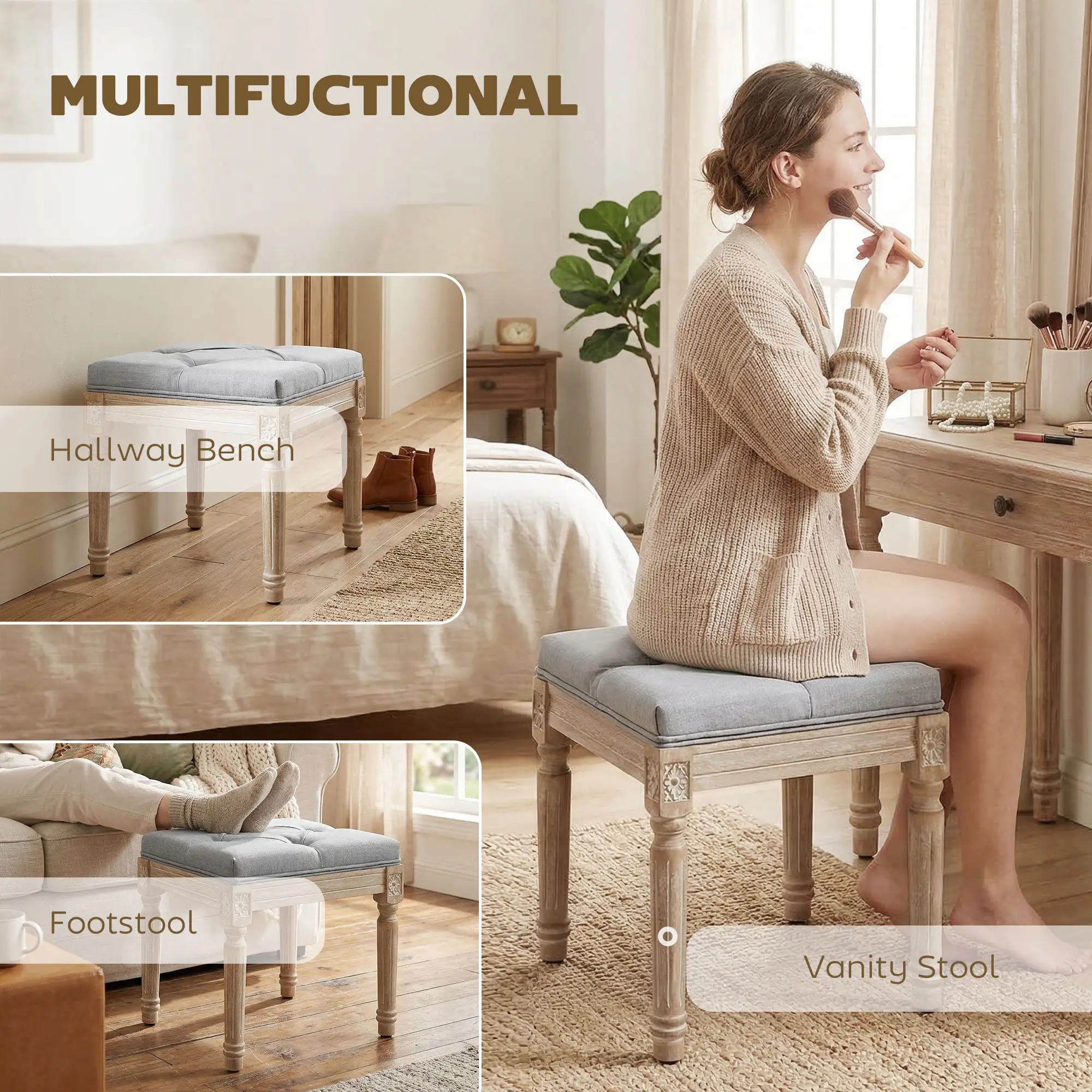 Square Linen Footstool 40 x 40 x 43cm, Light Grey, Cream White - Light Grey, Cream White - 6