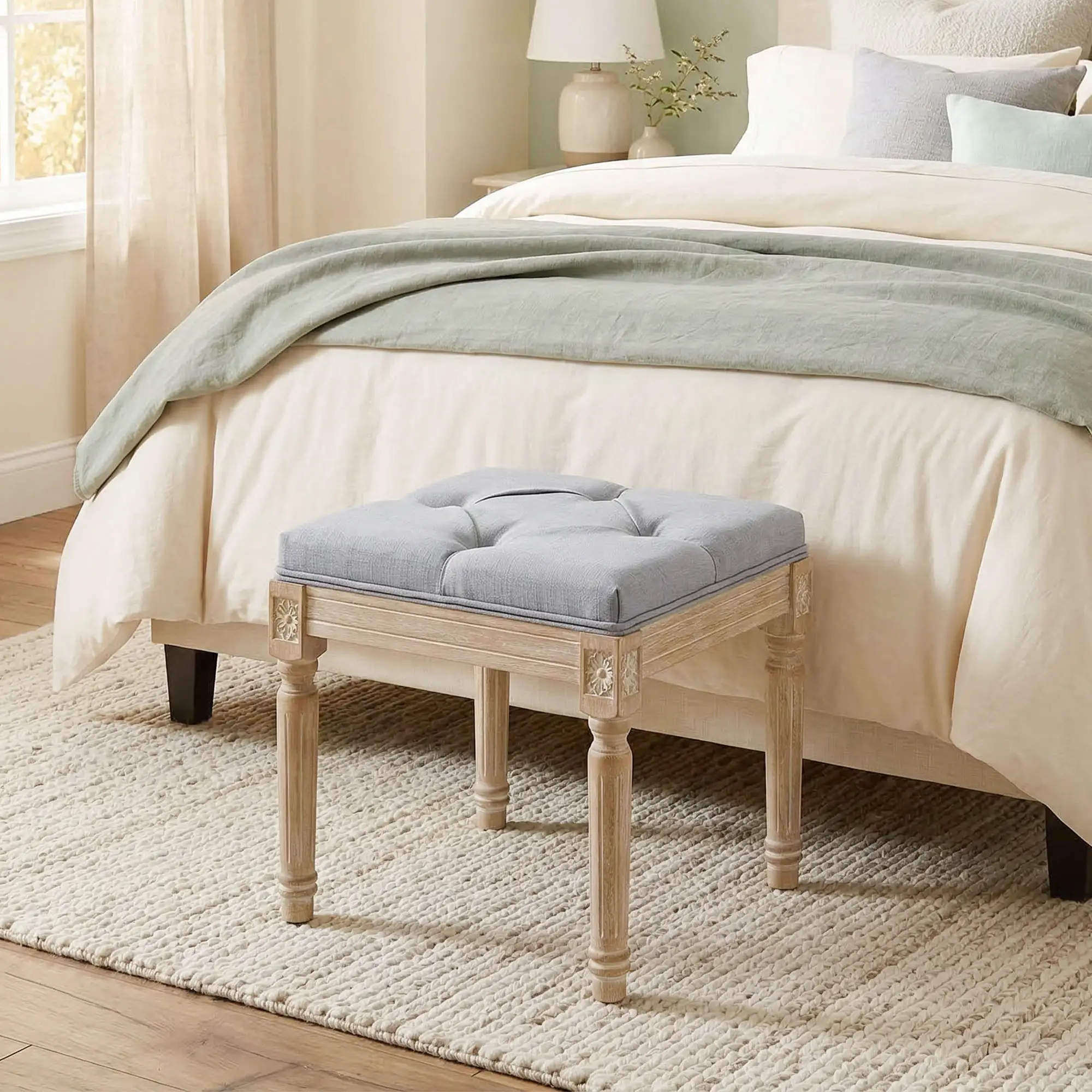 Square Linen Footstool 40 x 40 x 43cm, Light Grey, Cream White - Light Grey, Cream White - 7