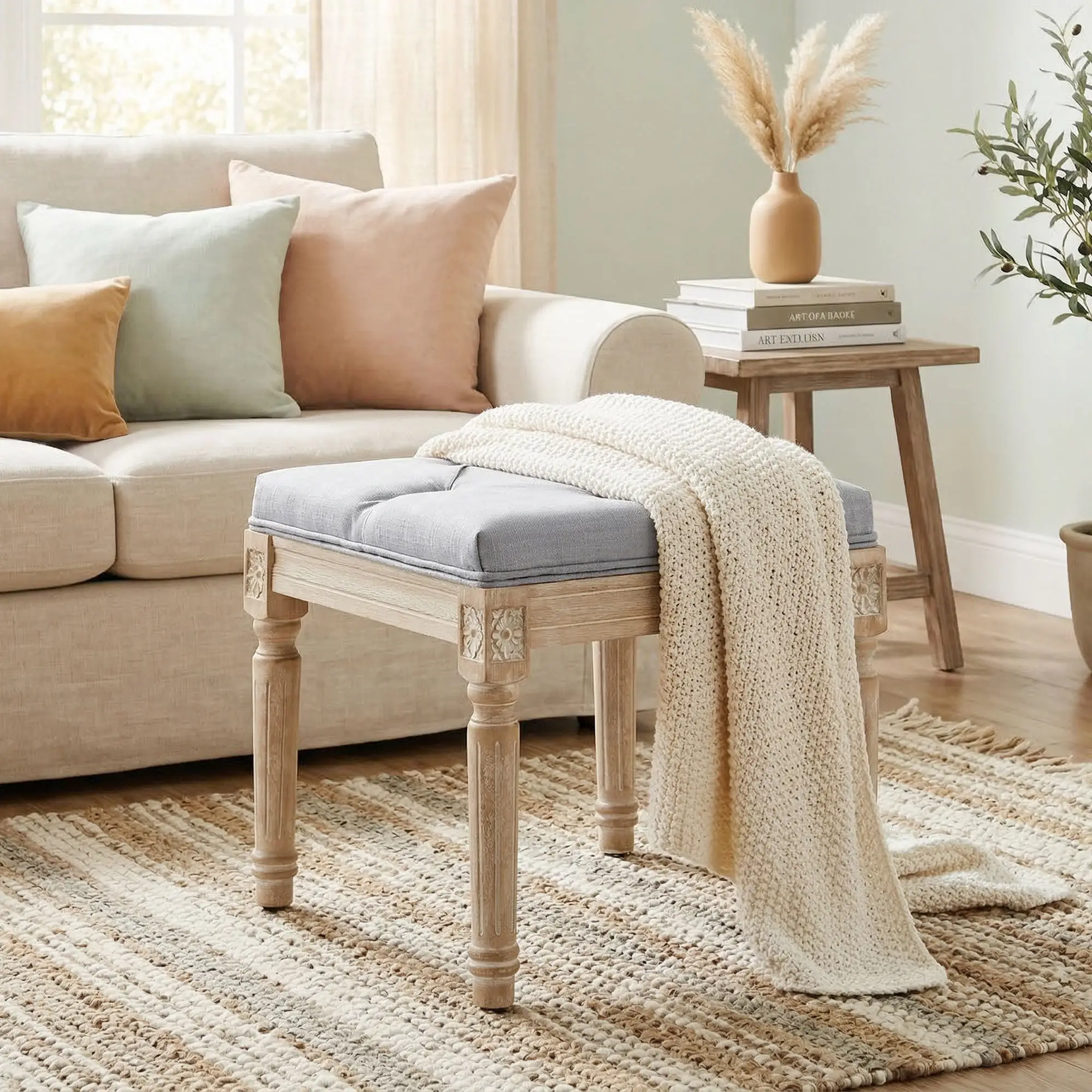 Square Linen Footstool 40 x 40 x 43cm, Light Grey, Cream White - Light Grey, Cream White - 8