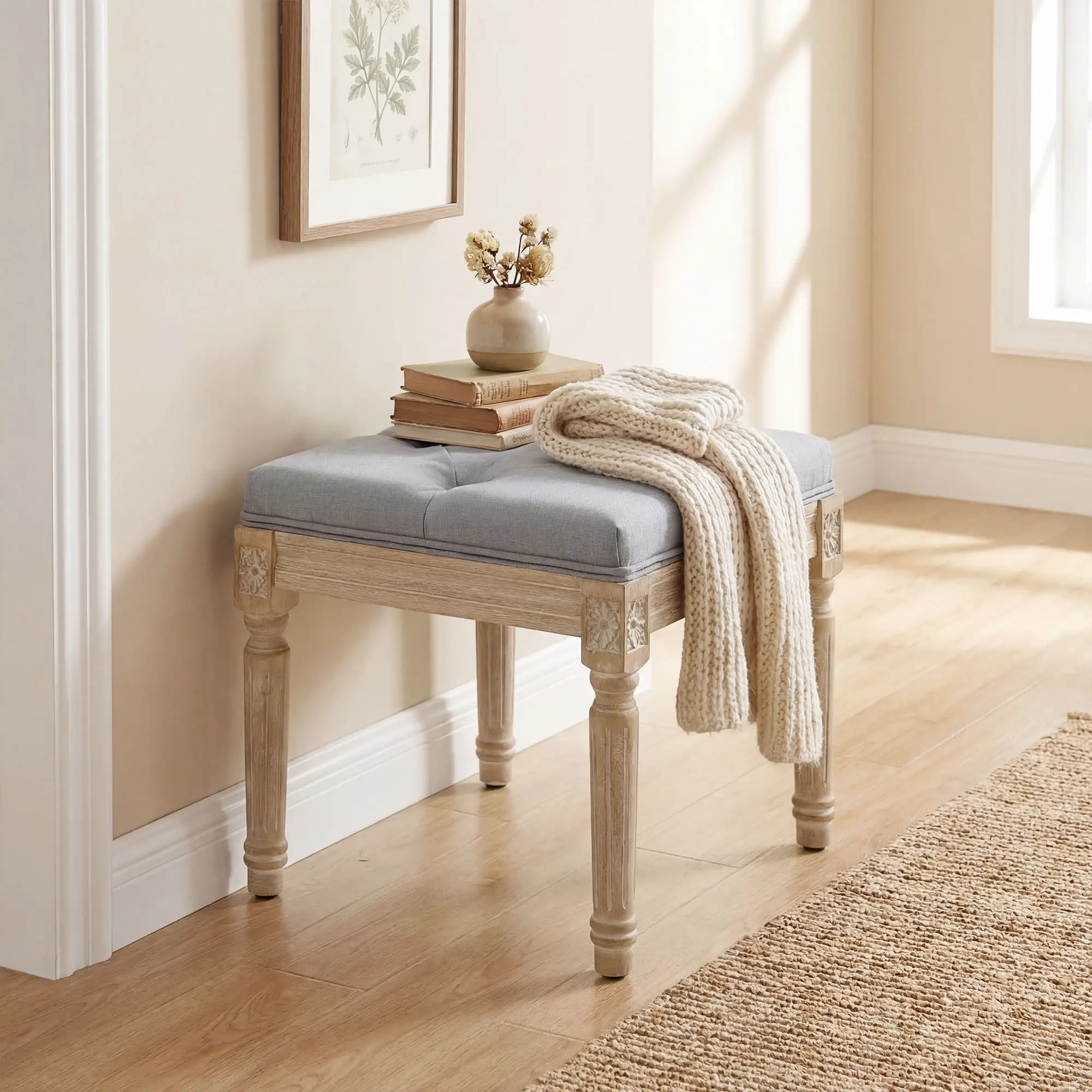 Square Linen Footstool 40 x 40 x 43cm, Light Grey, Cream White - Light Grey, Cream White - 9