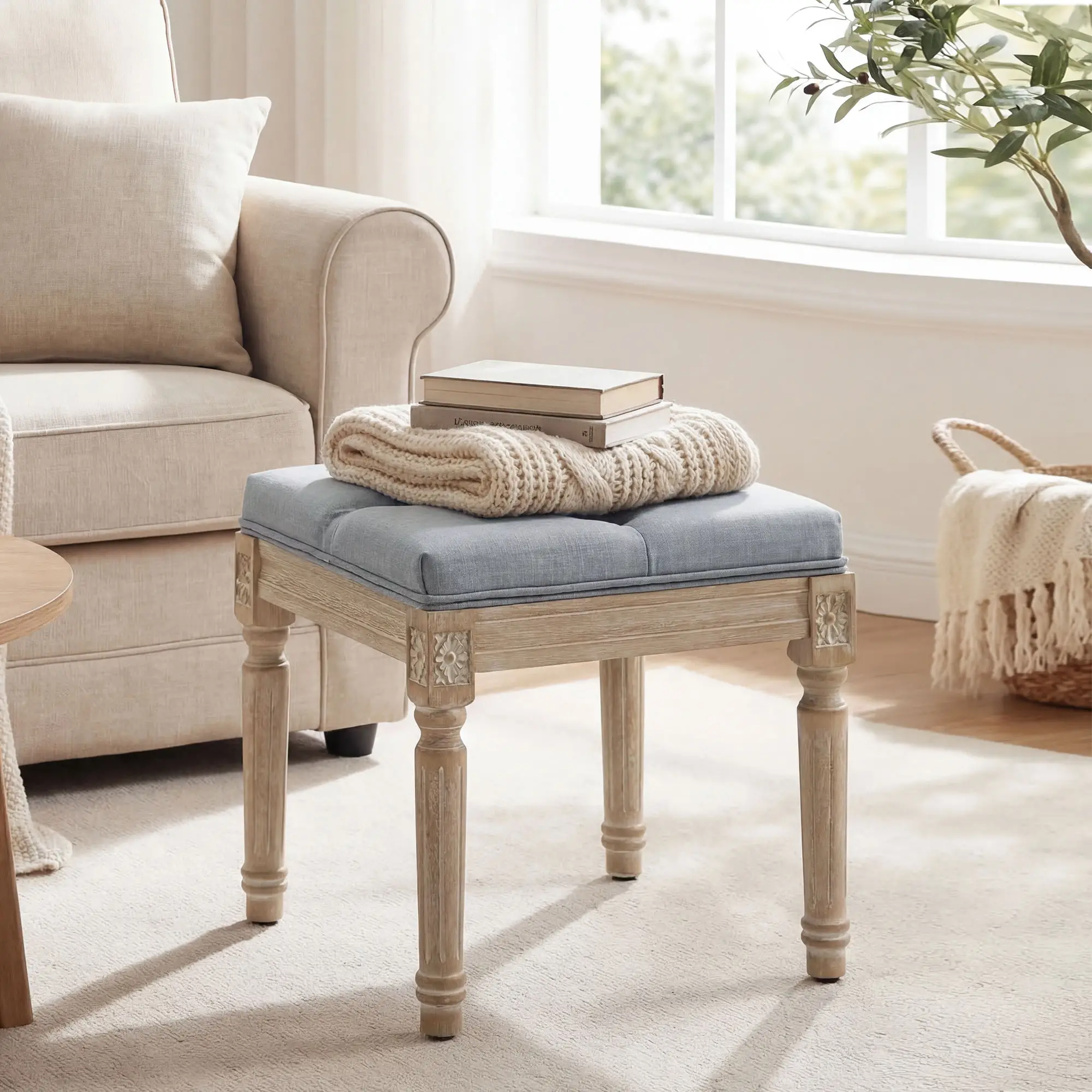 Square Linen Footstool 40 x 40 x 43cm, Light Grey, Cream White - Light Grey, Cream White - 10