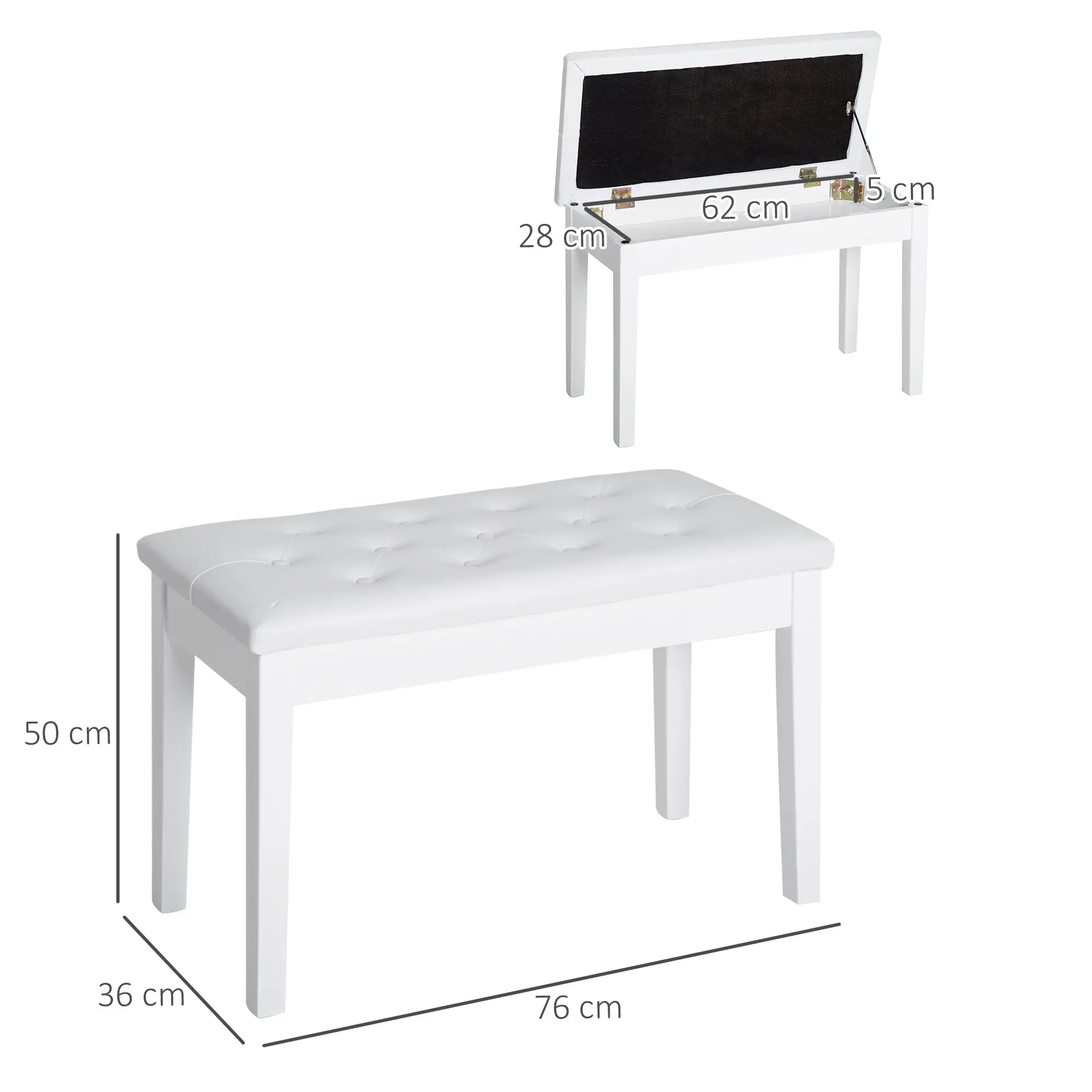Faux Leather Storage Piano Stool 76 x 36 x 50cm - White - 3