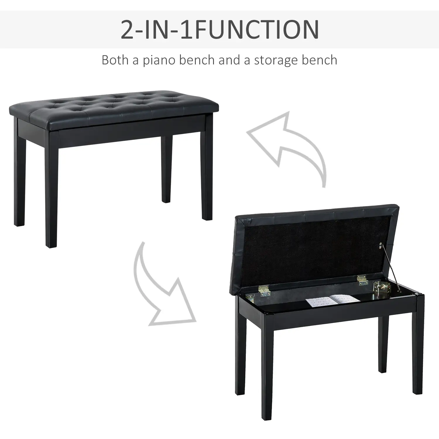 Faux Leather Storage Piano Stool 76 x 36 x 50cm - Black - 4