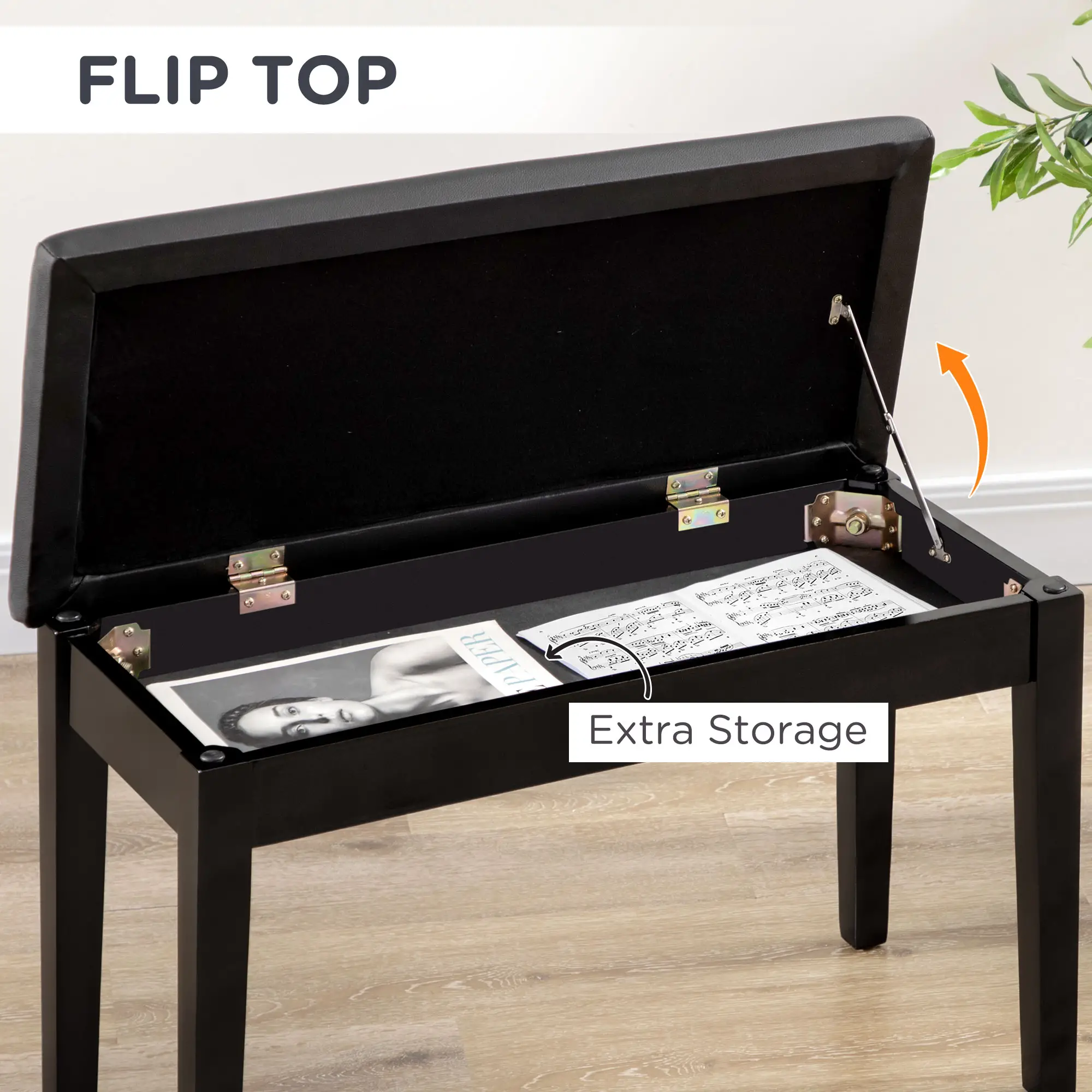 Faux Leather Storage Piano Stool 75 x 35 x 49cm, Black - Black - 6