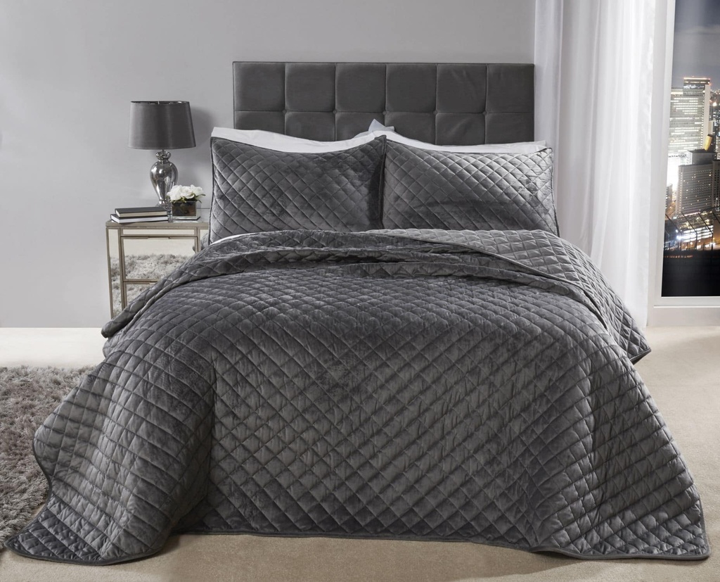 Banbury Collection - Quilted Soft Touch Velvet Bedspread Set in Silver