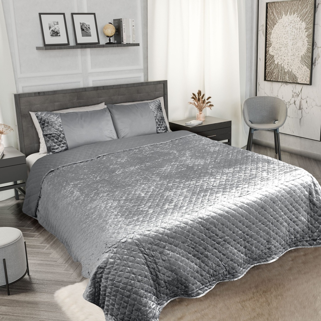 Elysium Collection - Quilted Sequin Velvet Bedspread Set in Silver
