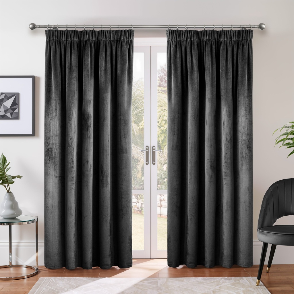 [DUSK4654BLK] Verbena Collection - Velvet Blackout Pencil Pleat Curtains in Black (W 46 x Drop 54" (116 x 137cm))