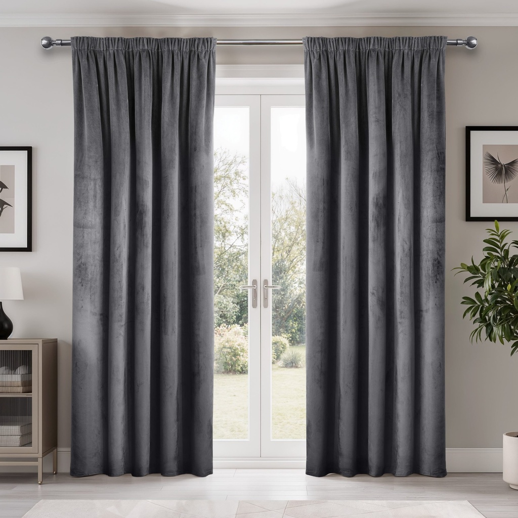 [DUSK4654CHA] Verbena Collection - Velvet Blackout Pencil Pleat Curtains in Charcoal (W 46 x Drop 54" (116 x 137cm))