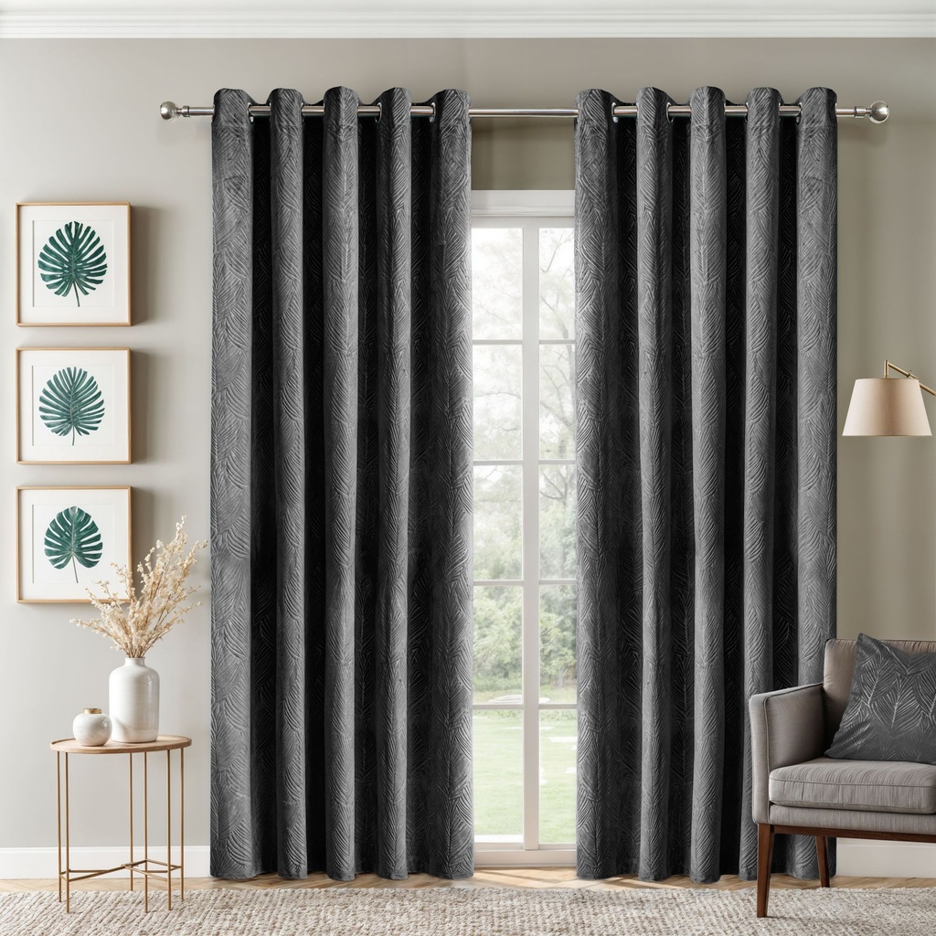 Silva Collection - Embossed Velvet Woven Thermal Blackout Eyelet Curtains in Charcoal