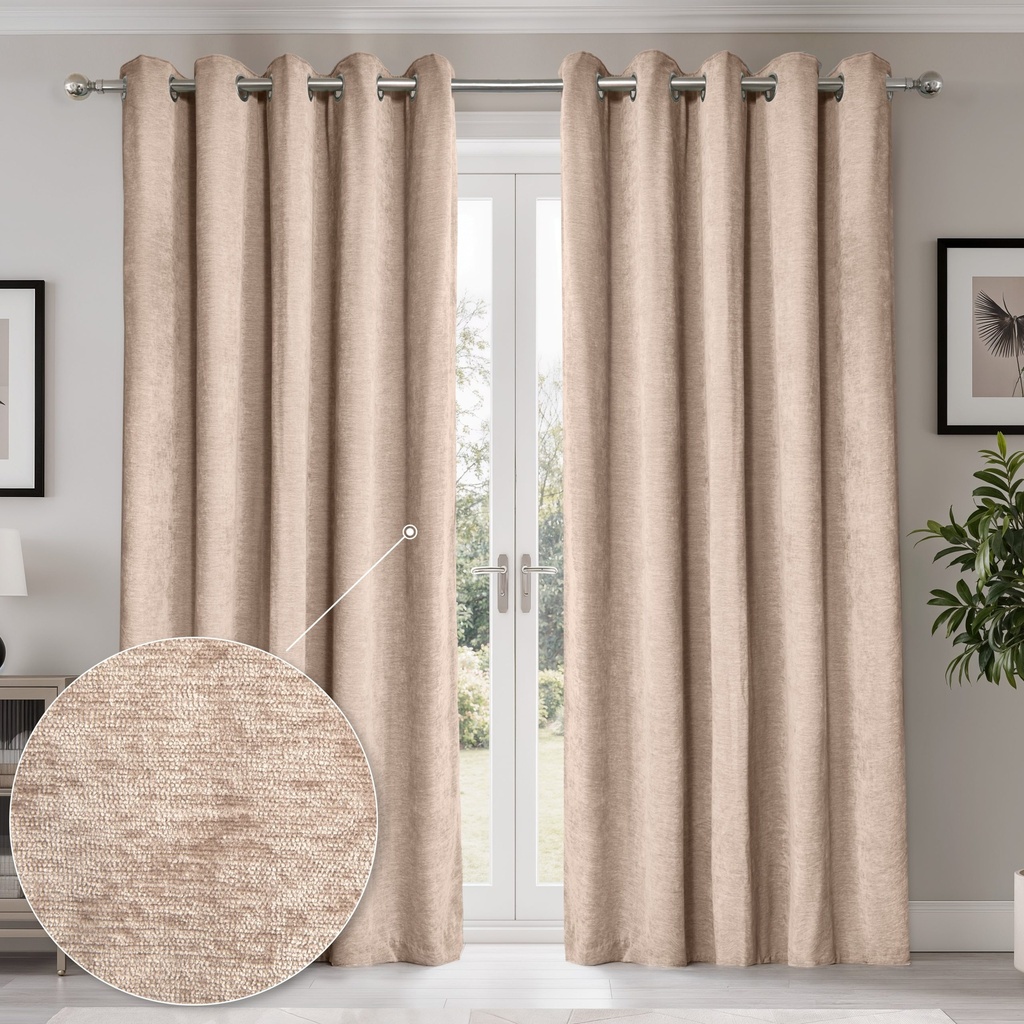 Foxglove Collection - Ultra Blackout & Thermal Chenille Eyelet Curtains in Natural