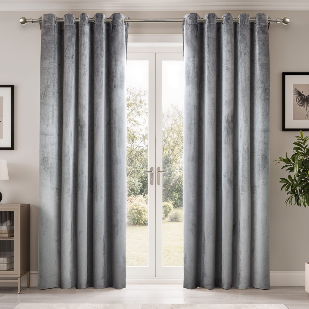 [EDUSK4654SIL] Verbena Collection - Velvet Blackout Eyelet Curtains in Silver (W 46 x Drop 54" (116 x 137cm))
