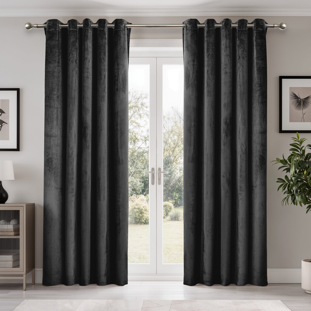 [EDUSK4654BLK] Verbena Collection - Velvet Blackout Eyelet Curtains in Black (W 46 x Drop 54" (116 x 137cm))