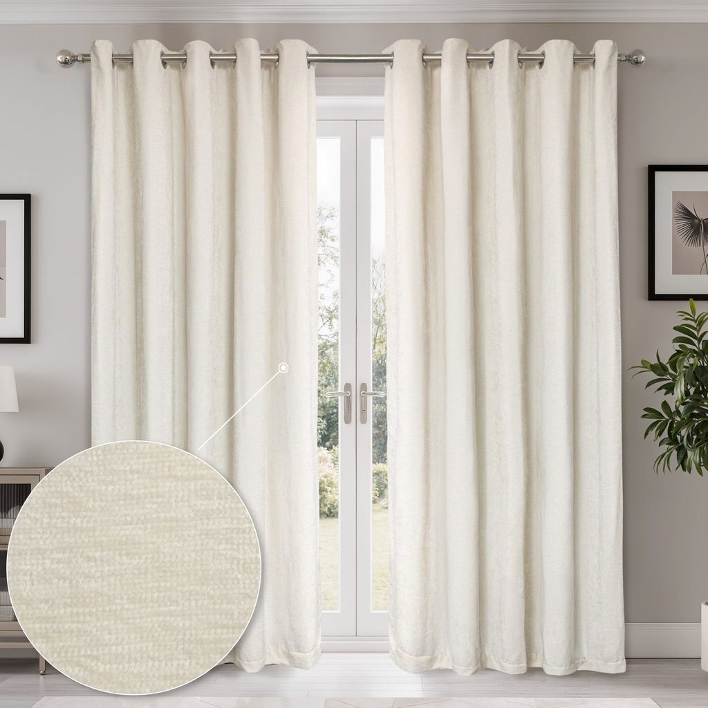 [CANT4654IVR] Foxglove Collection - Ultra Blackout & Thermal Chenille Eyelet Curtains in Ivory (W 46 x Drop 54" (116 x 137cm))