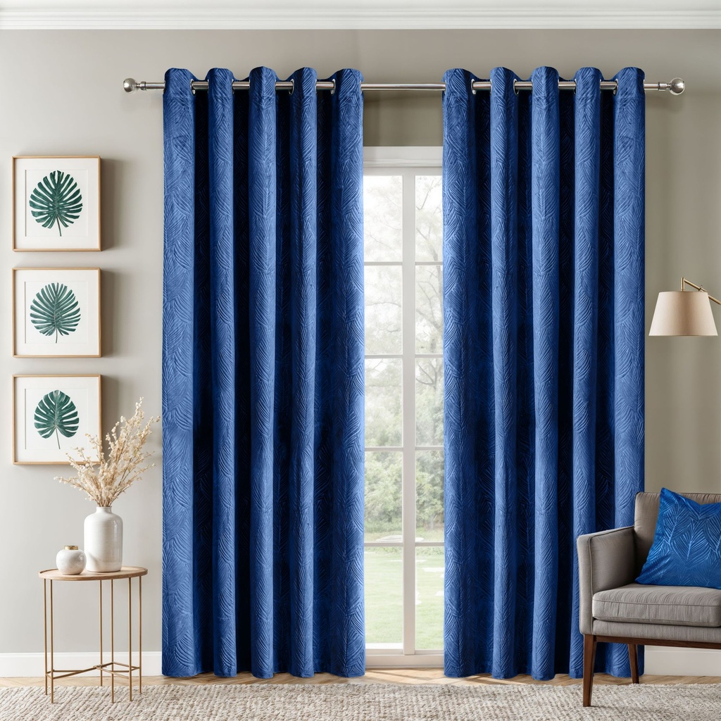 [TWIV4654NVY] Silva Collection - Embossed Velvet Woven Thermal Blackout Eyelet Curtains in Navy (Width 46 x Drop 54" (116 x 137cm))