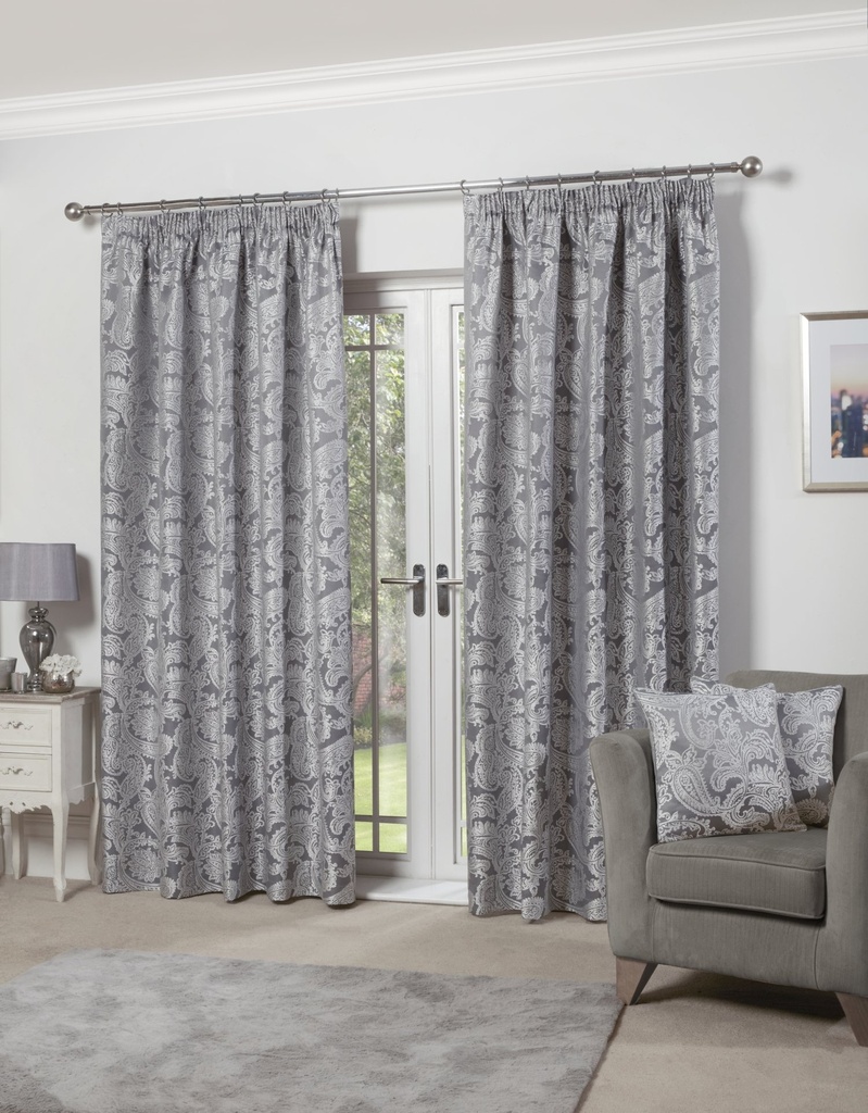[DCE9072SIL] Cavendish Collection - Lined Pencil Pleat Jacquard Curtains in Silver (Width 90 x Drop 72" (228 x 183cm))