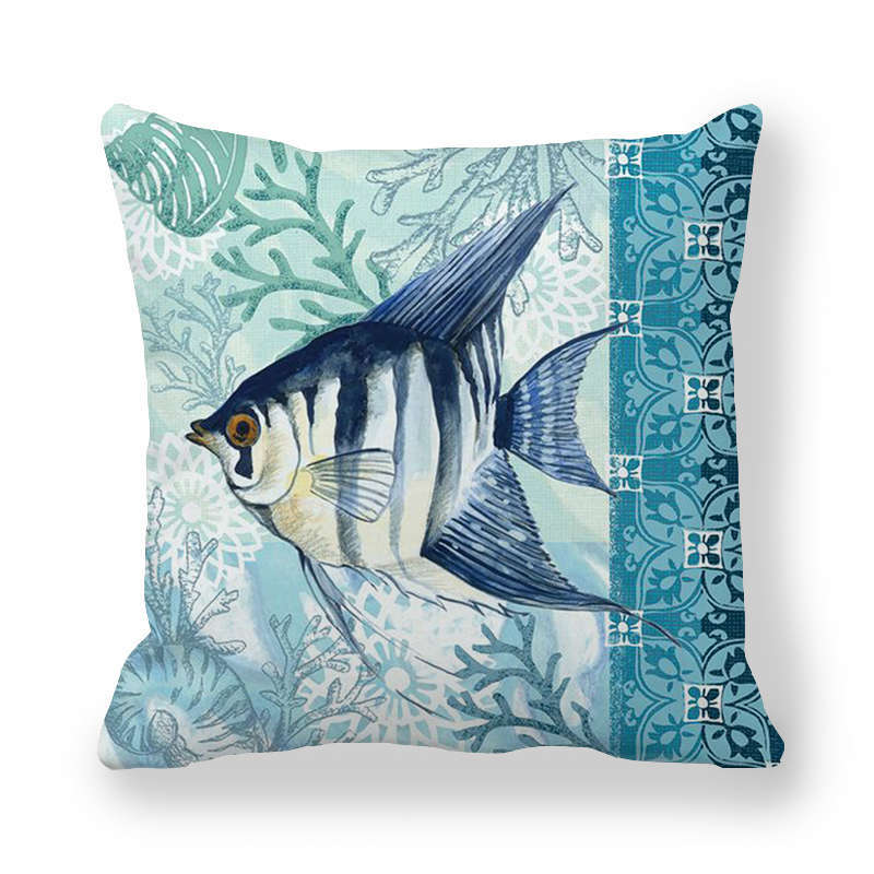 [EVFV4PX8WR8] Vintage Ocean Print Cushion Cover - 45 × 45 cm (45x45cm;Item Style:Blue Angelfish)