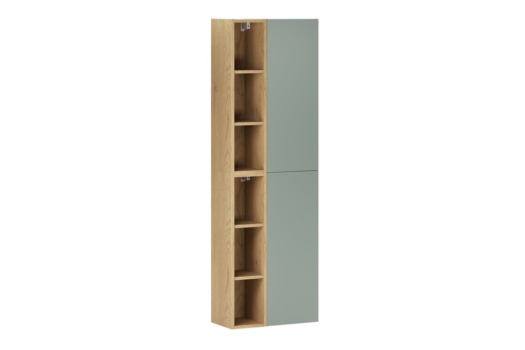 [HFP-PF-54772409860438] 2× Aster Green Wall-Hung Cabinet 1 Door + 2× Cremona UN Open Shelf – Aloes Matt / Oak, Vertical Set