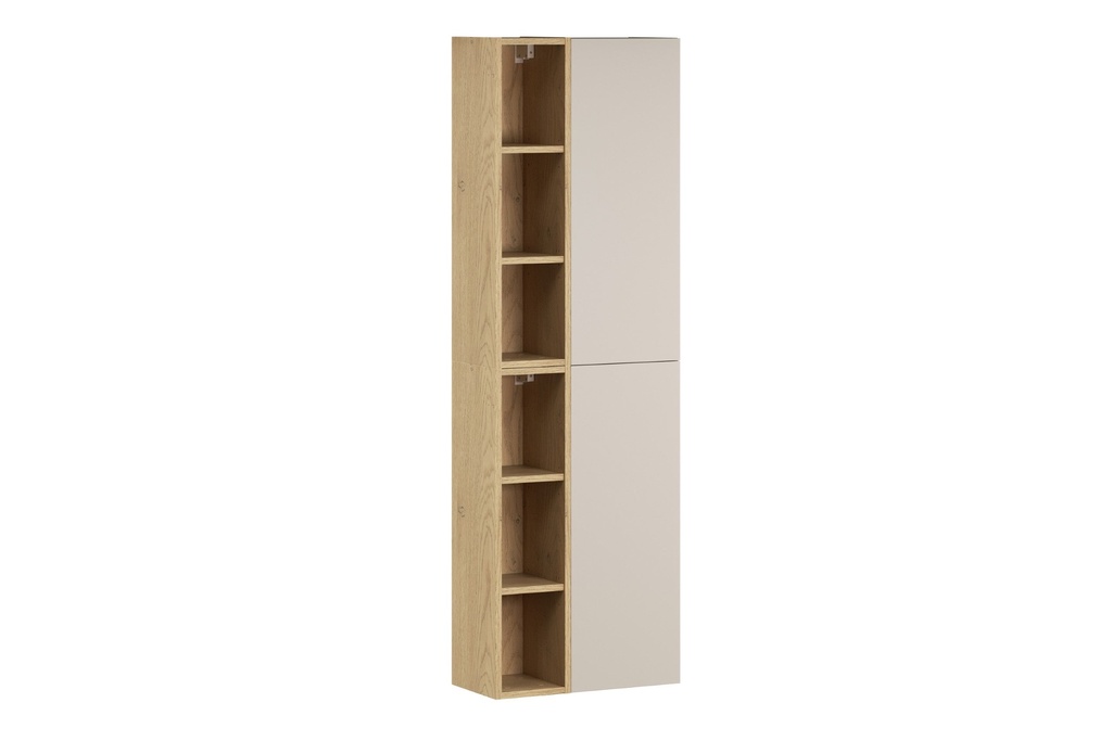 [HFP-PF-54942233330006] 2× Dalia Cashmere Wall-Hung Cabinet 1 Door + 2× Cremona UN Open Shelf – Cashmere / Oak, Vertical Set
