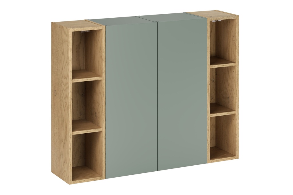 [HFP-PF-54772329087318] 2× Aster Green Wall-Hung Cabinet 1 Door + 2× Cremona UN Open Shelf – Aloes Matt / Oak, 100 cm Set